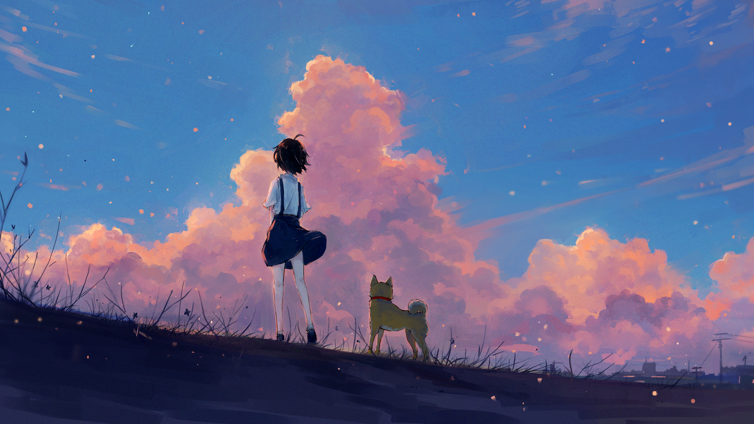 Anime 2560x1440 anime painting fan art anime girls illustration landscape dog artwork sky clouds wind skirt short hair animals windy