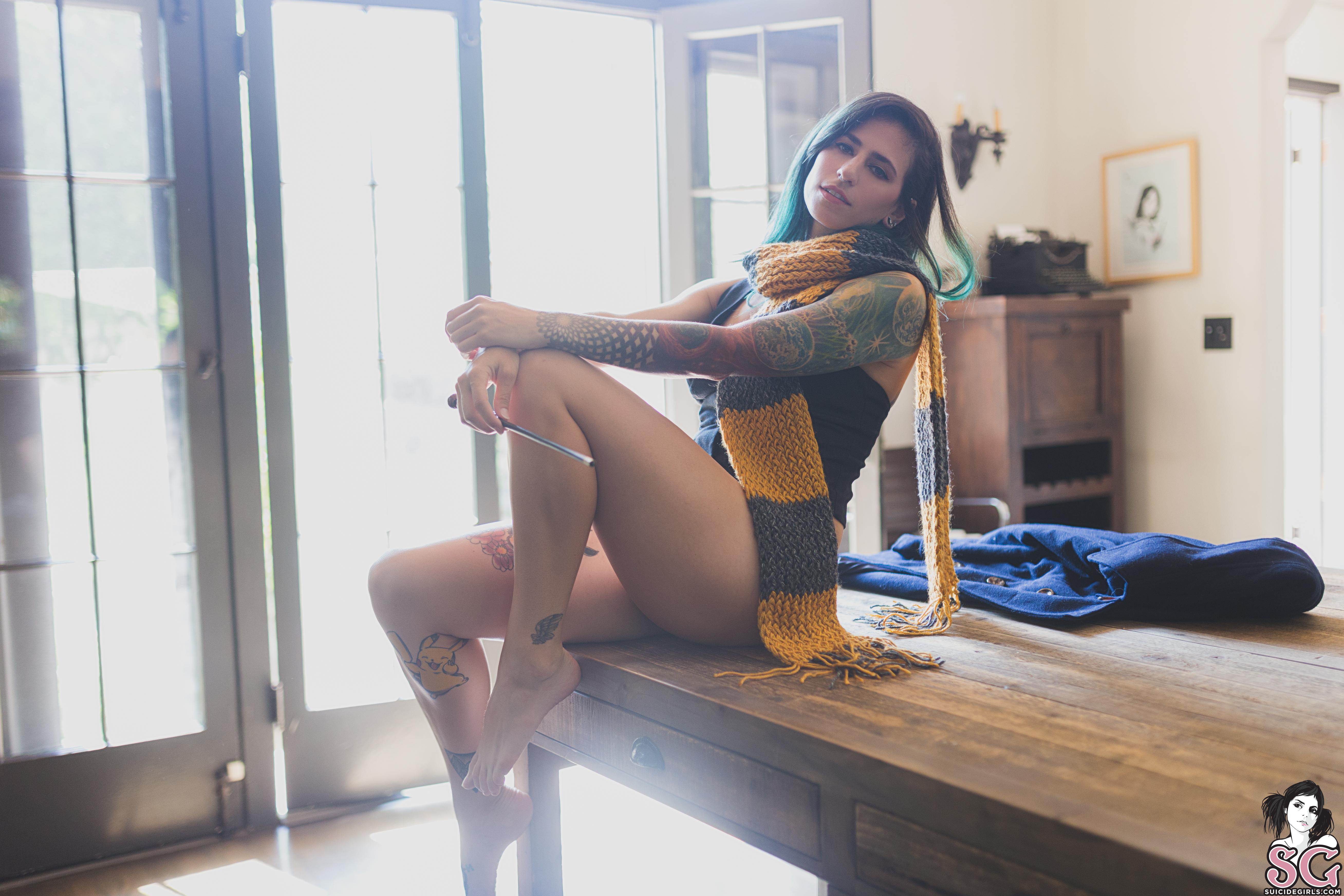 People 5232x3488 Nebula Suicide Suicide Girls tattoo dyed hair scarf Pikachu sitting women overexposed watermarked on table