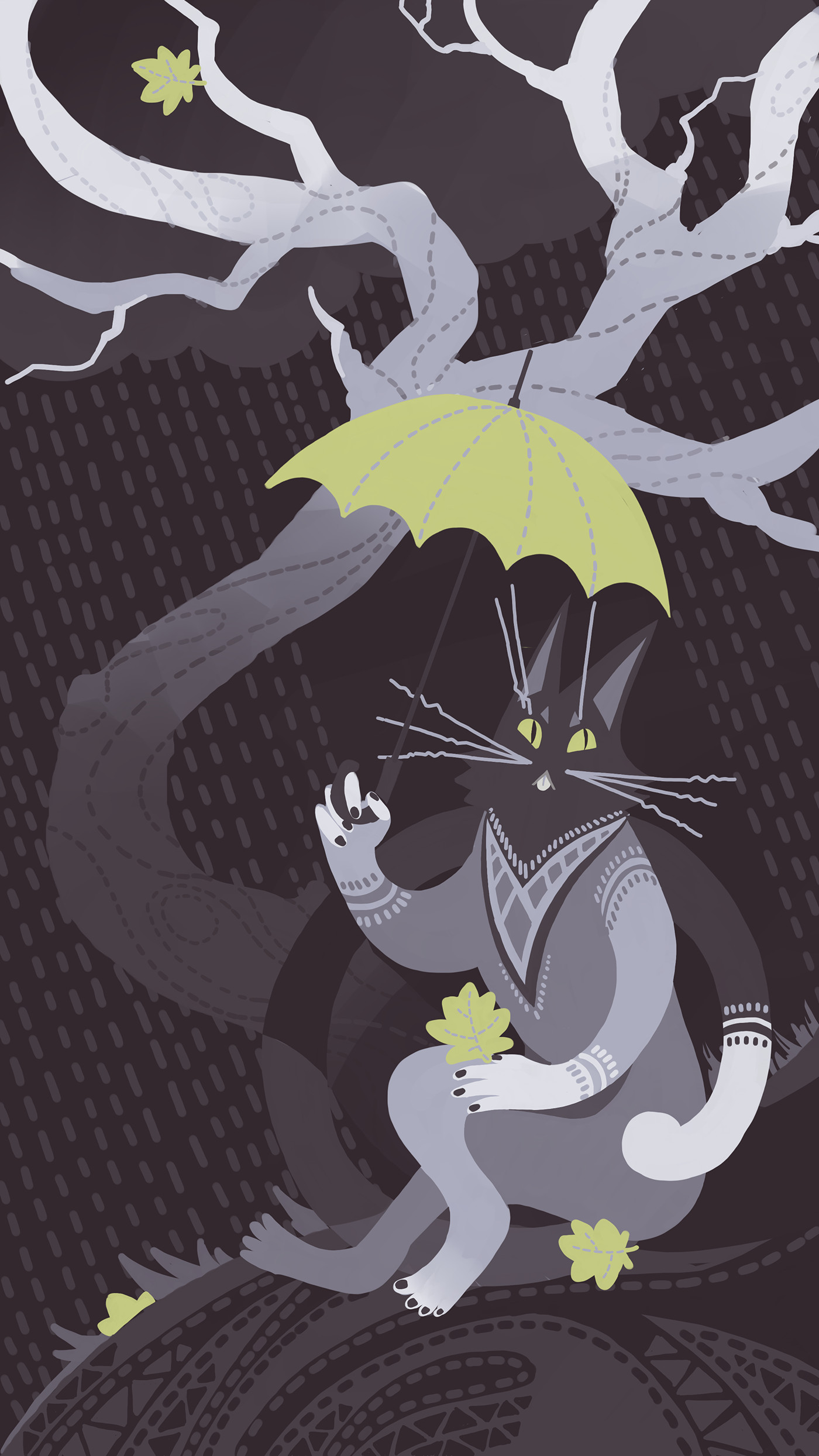 General 1400x2489 Anna Marukhnich illustration cats night umbrella trees Anthro
