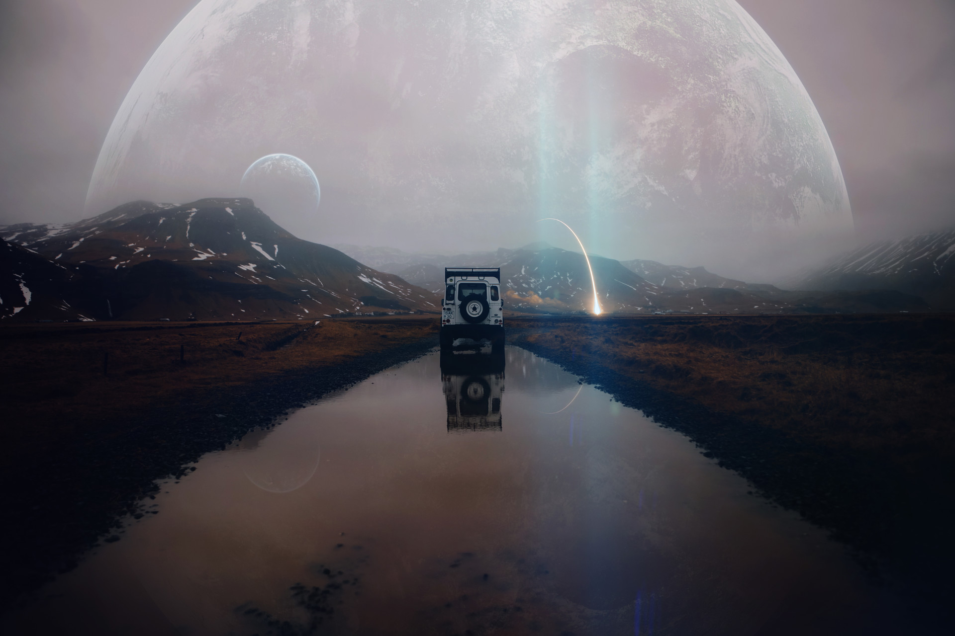 General 1920x1280 landscape mountains planet water vehicle car reflection photo manipulation Vadim Sadovski