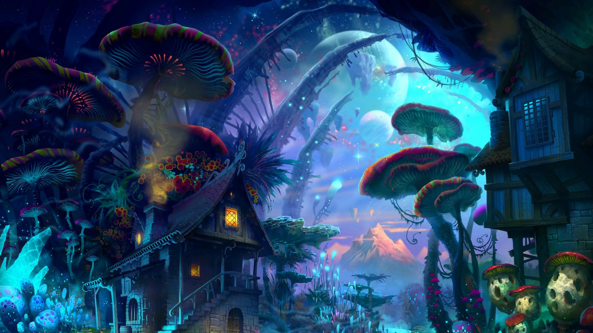 Anime 1920x1080 anime magic fantasy art plants house planet mushroom colorful cave