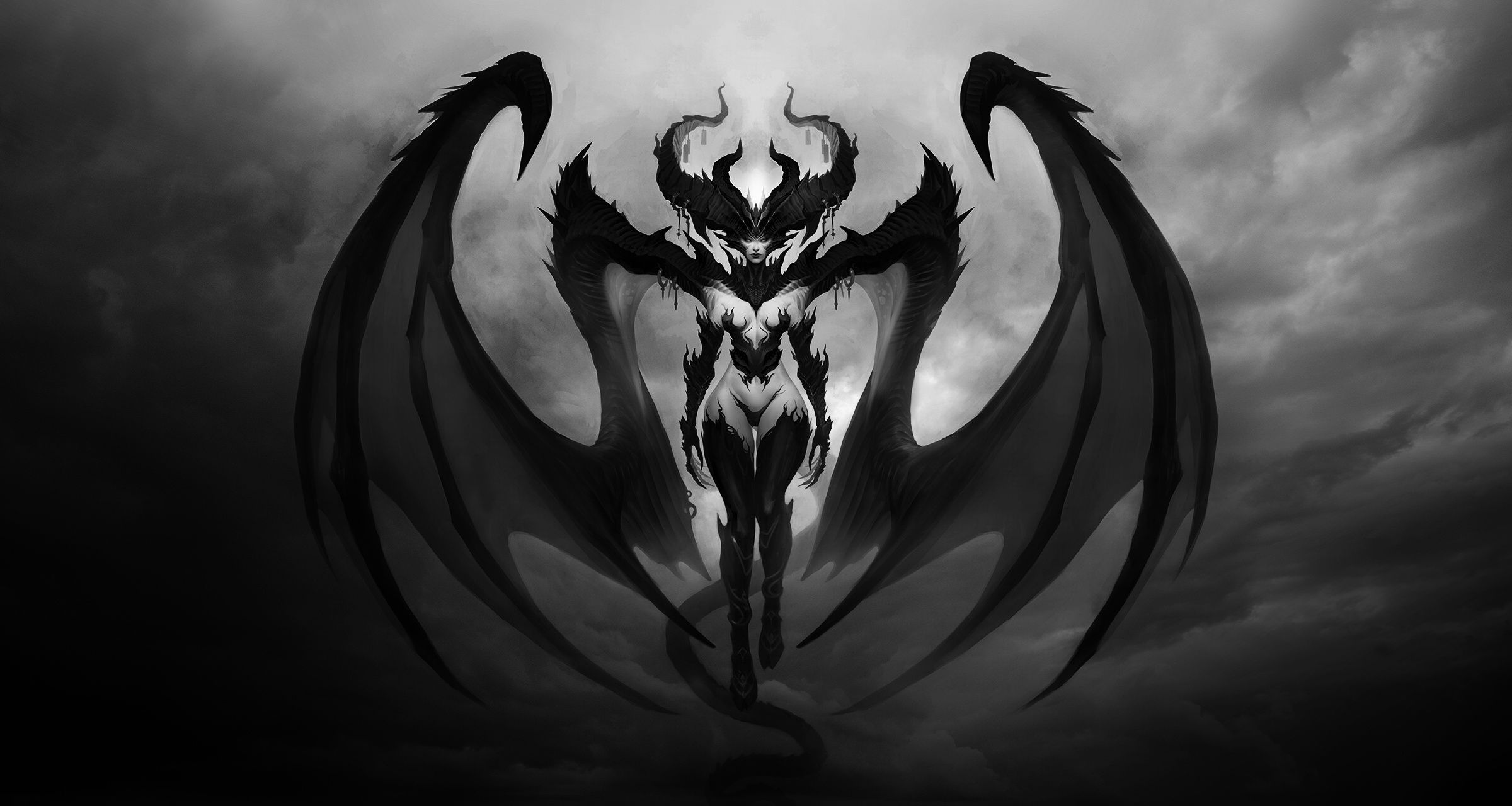 General 2400x1280 video game art Diablo IV video games fantasy art fantasy girl monochrome Lilith (Diablo)
