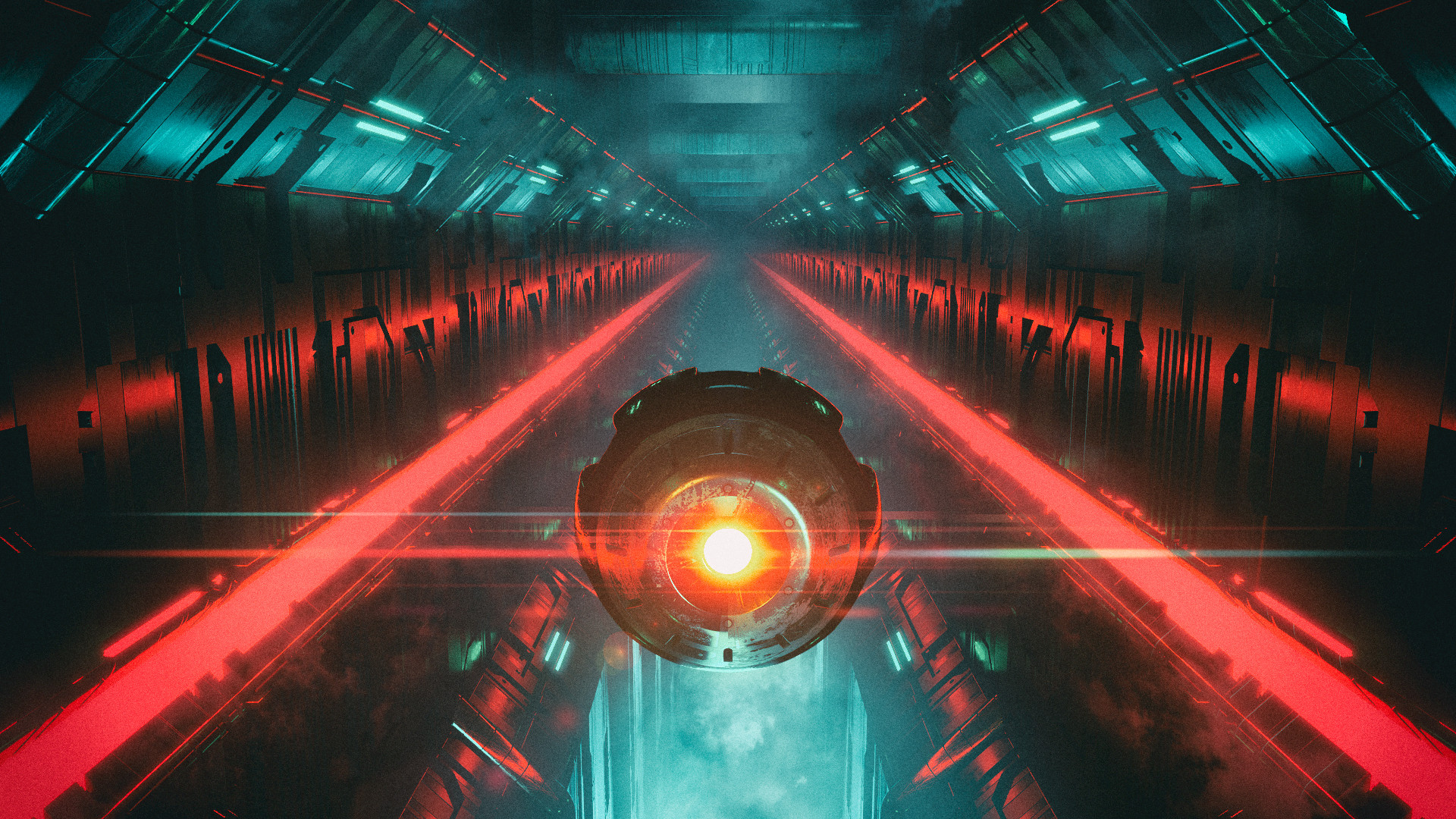 General 1920x1080 David Legnon hallway cyberpunk science fiction red light red orb glowing