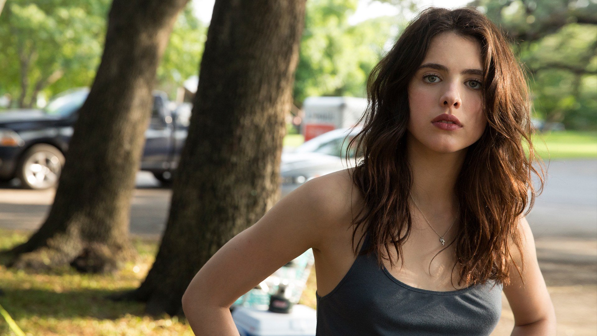 People 1920x1080 Margaret Qualley women actress model brunette long hair outdoors women outdoors gray eyes grey tops parted lips tank top bare shoulders
