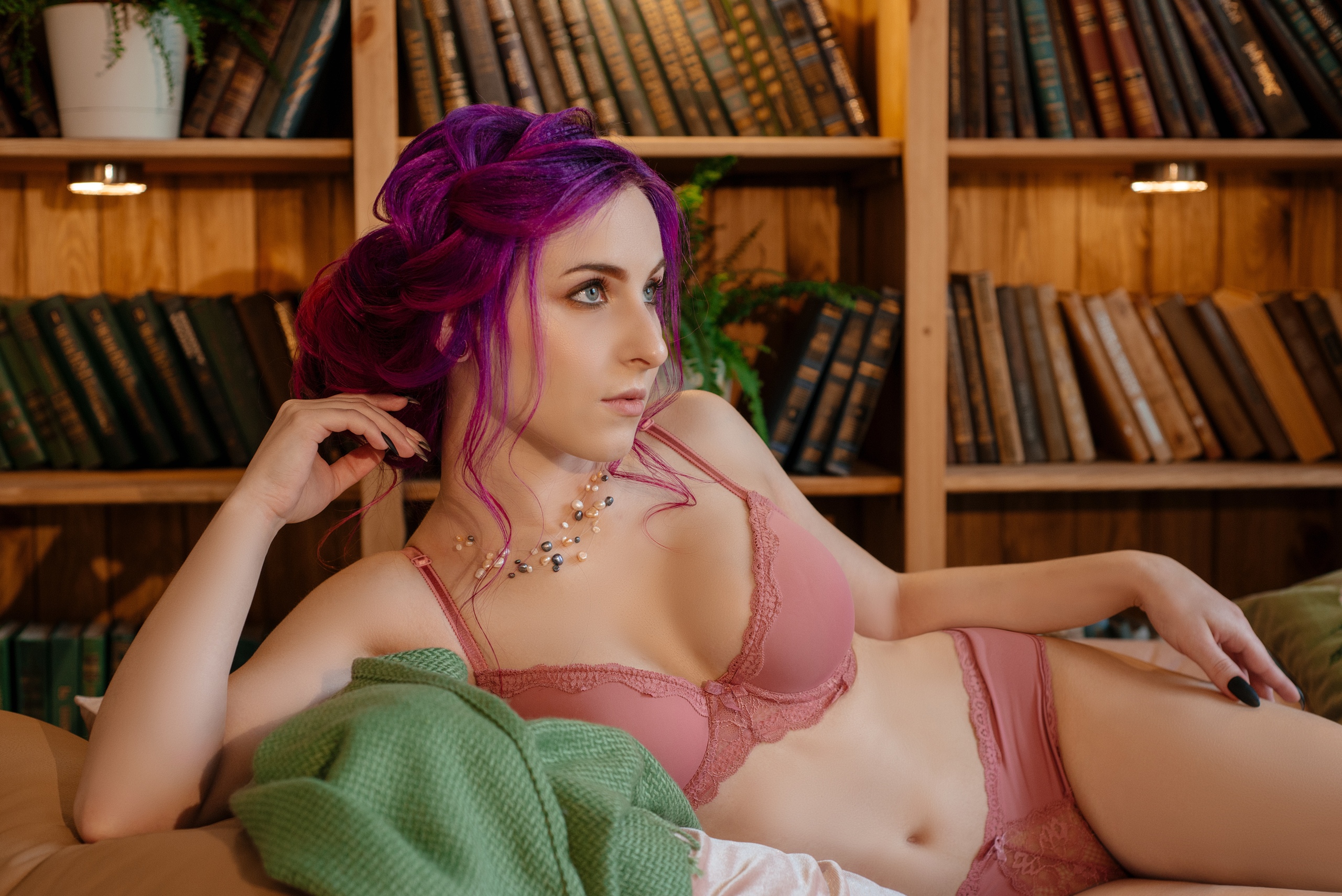 People 2560x1709 Roxolana Ridel women model purple hair looking away profile necklace lingerie bra panties belly lying on side books bookcase indoors boobs dyed hair looking into the distance women indoors