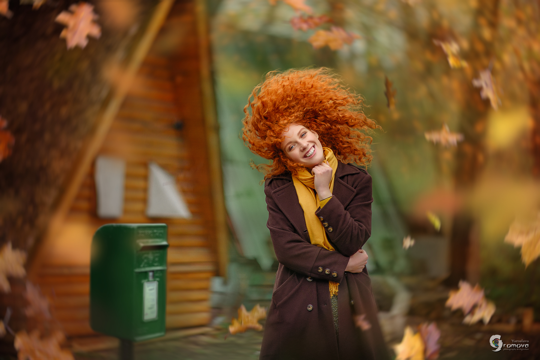 People 1800x1201 women outdoors redhead model Yaroslava Gromova curly hair fallen leaves cabin coats fall smiling depth of field women