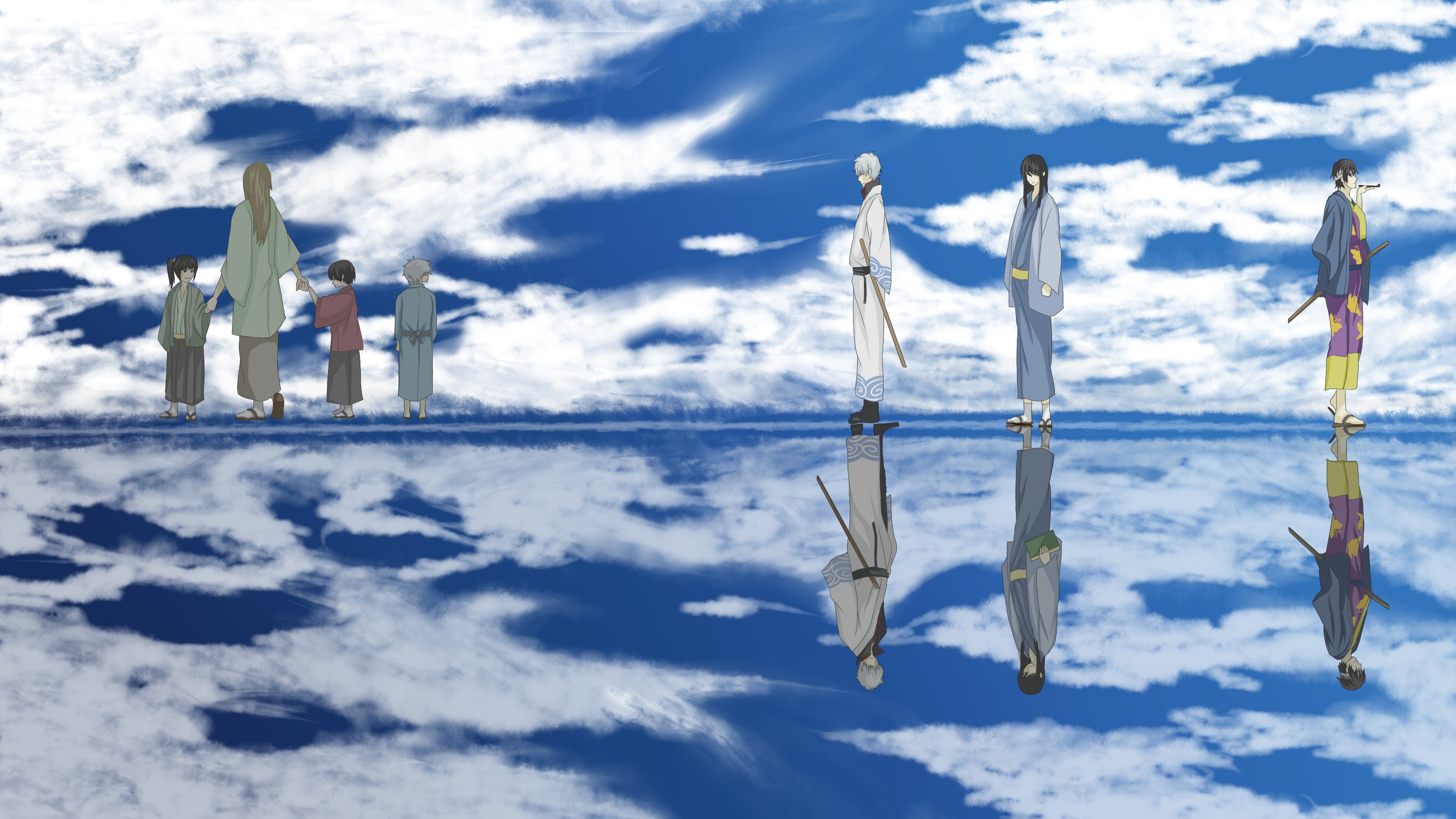 Anime 3200x1800 Gintama anime sky blue clouds reflection