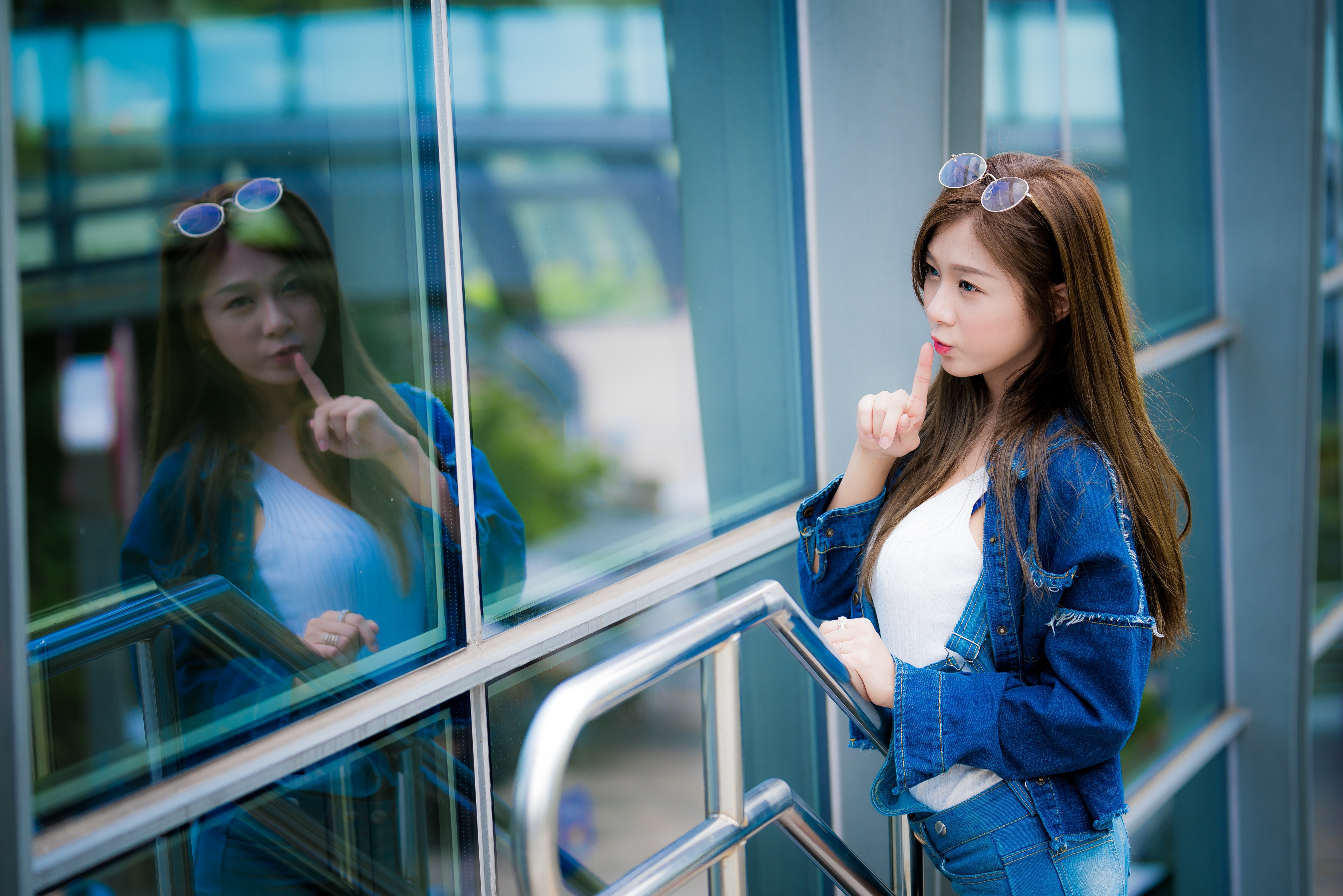People 4500x3002 Asian women long hair reflection window women outdoors denim jacket jeans
