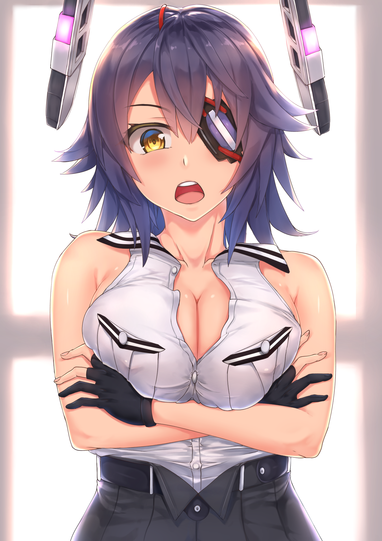 Anime 1447x2047 holding boobs cleavage hard nipples eyepatches Kantai Collection no bra open shirt Tenryuu (KanColle) white background simple background