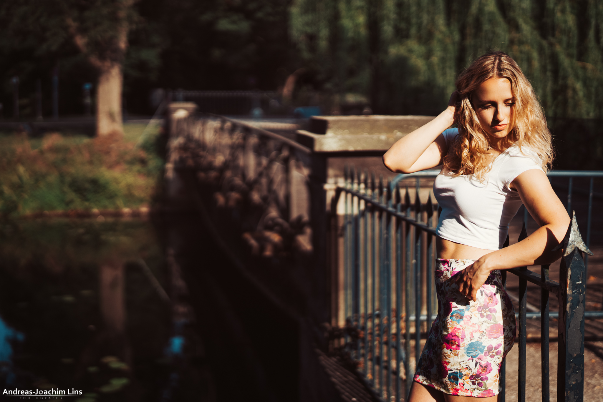 People 2048x1366 Andreas-Joachim Lins women model women outdoors blonde hands on head water white tops tight Skirt bridge fitness model outdoors looking away leaning T-shirt