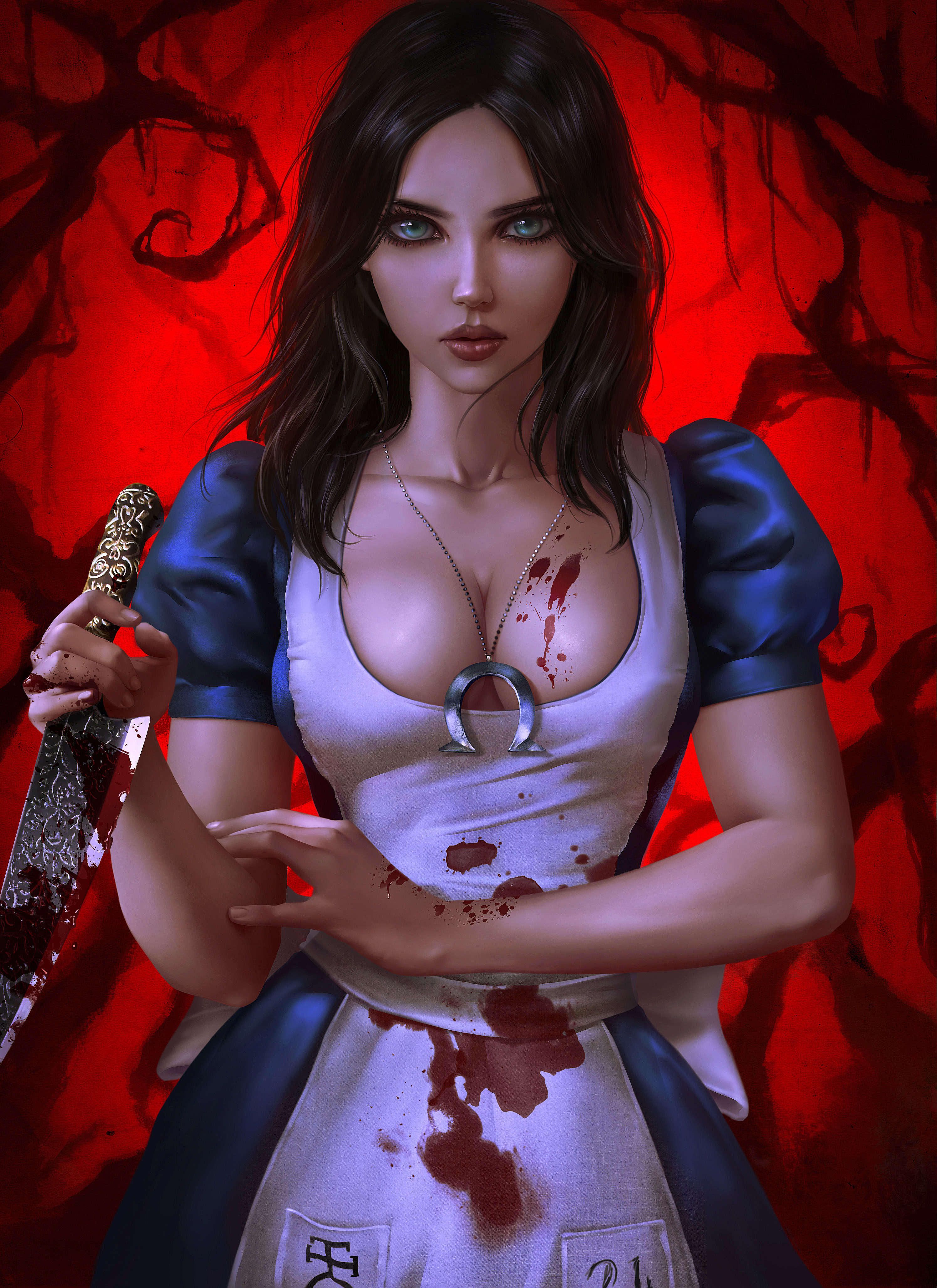 General 2991x4109 digital art artwork women portrait display video games blue eyes long hair brunette cleavage blood knife Alice: Madness Returns tight clothing Alice American McGee's Alice Logan Cure Alice Lidell  cropped