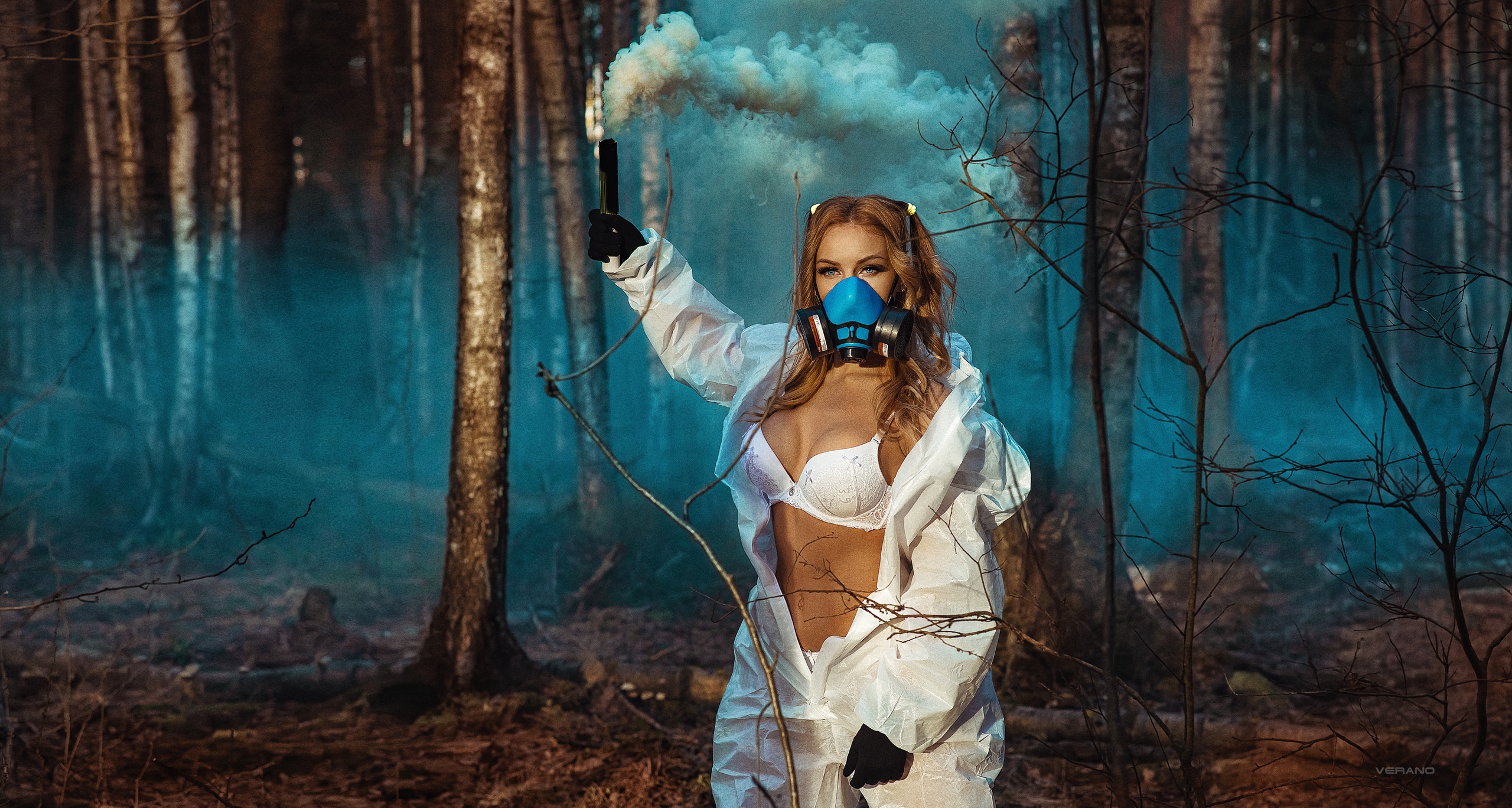 People 2560x1368 women Nikolas Verano trees white lingerie smoke women outdoors brunette twintails belly white bra gloves gas masks forest white clothing Angelie Dolly