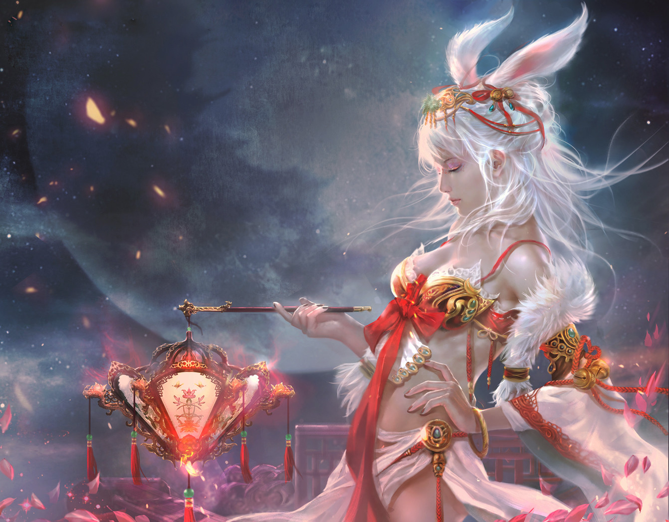 General 1341x1047 drawing animal ears hair accessories women silver hair long hair wind skimpy clothes lantern night sparks petals Ares (artist) digital art