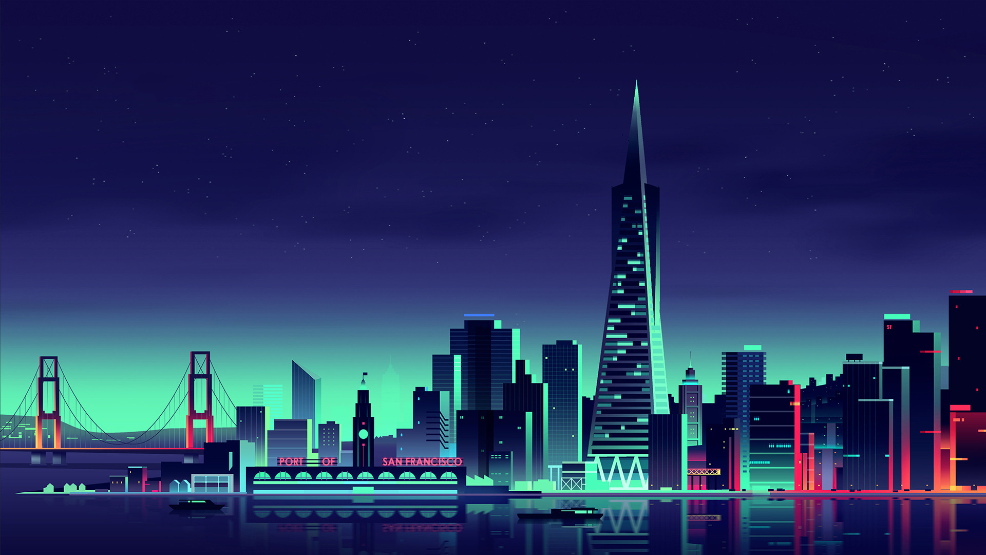 General 1920x1080 gradient vaporwave city cityscape sky digital art cyan blue