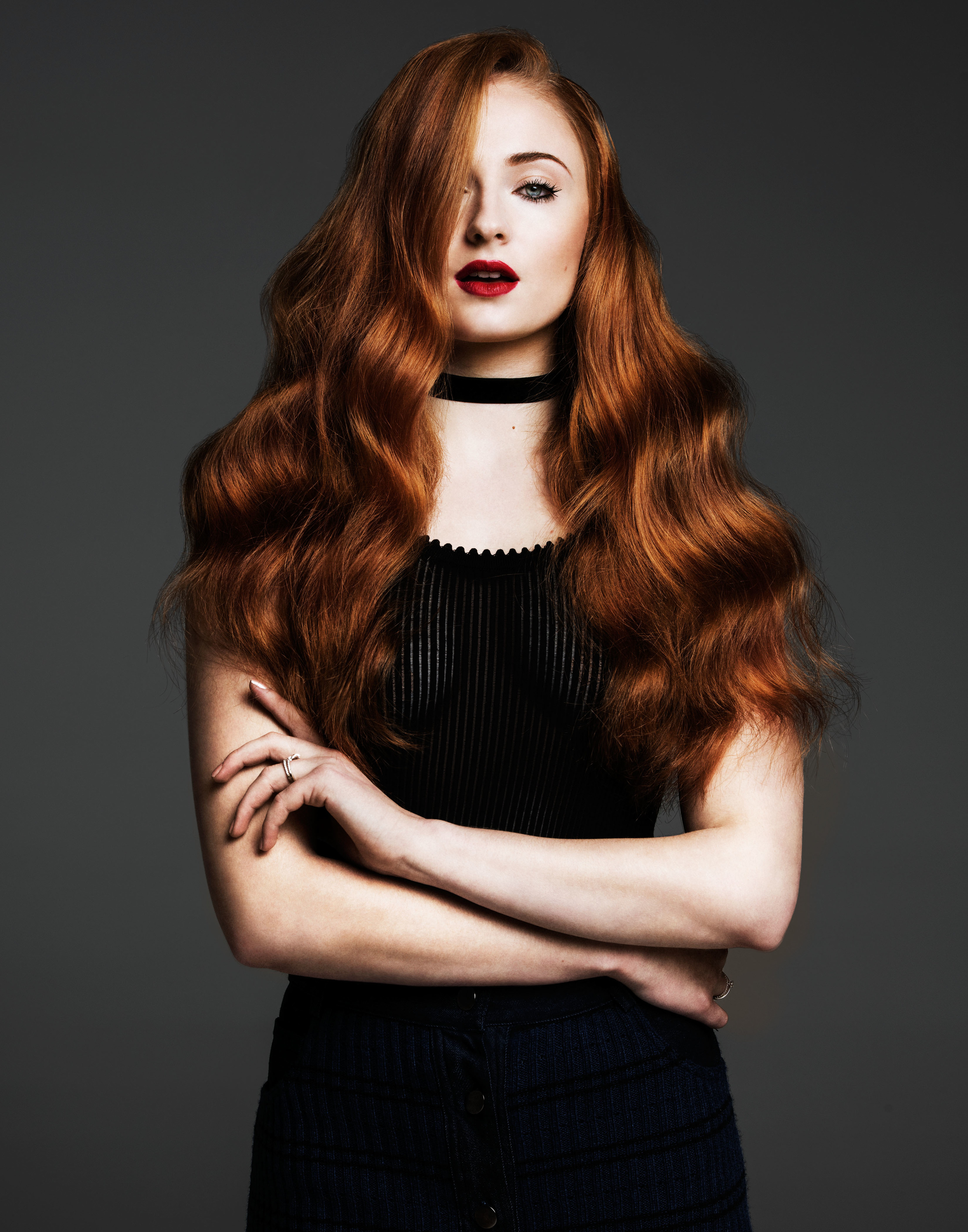 People 2500x3182 Sophie Turner women actress long hair blue eyes redhead hair over one eye lipstick simple background