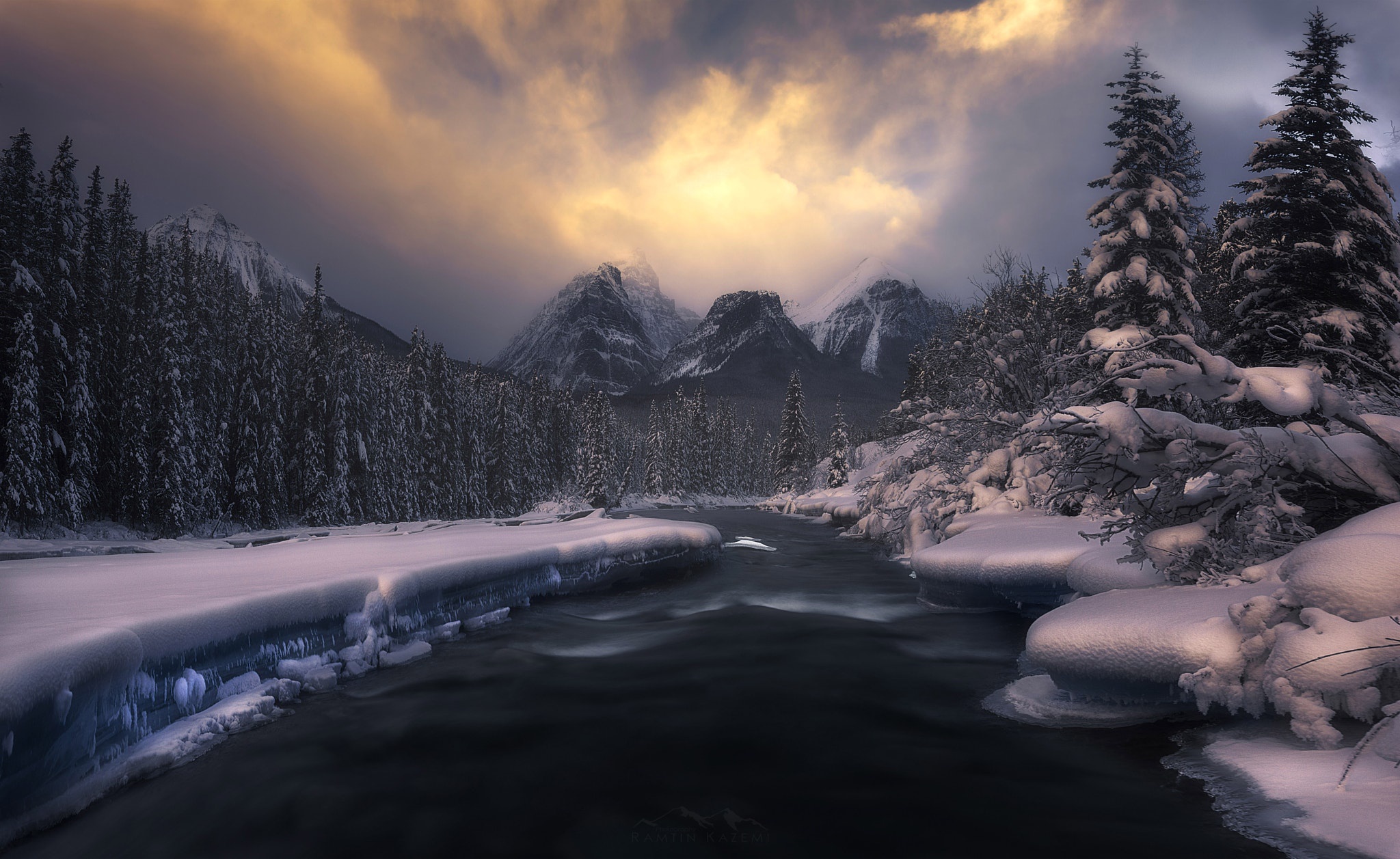 General 2048x1257 river cold snow nature sky mountains winter low light