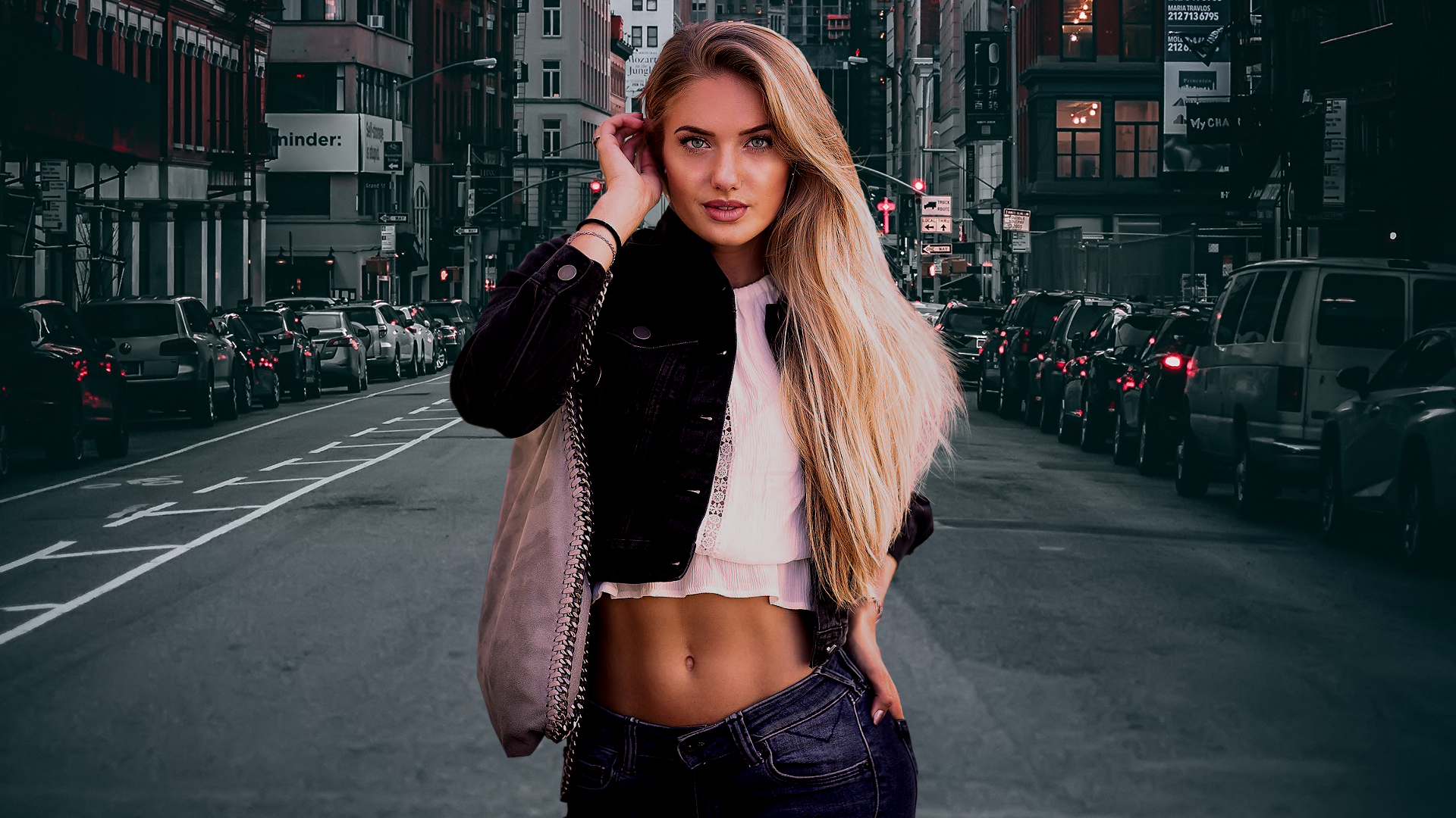 People 1920x1080 Alica Schmidt women athletes blonde long hair belly button denim jacket jeans bag city road looking at viewer Composite women outdoors bare midriff frontal view