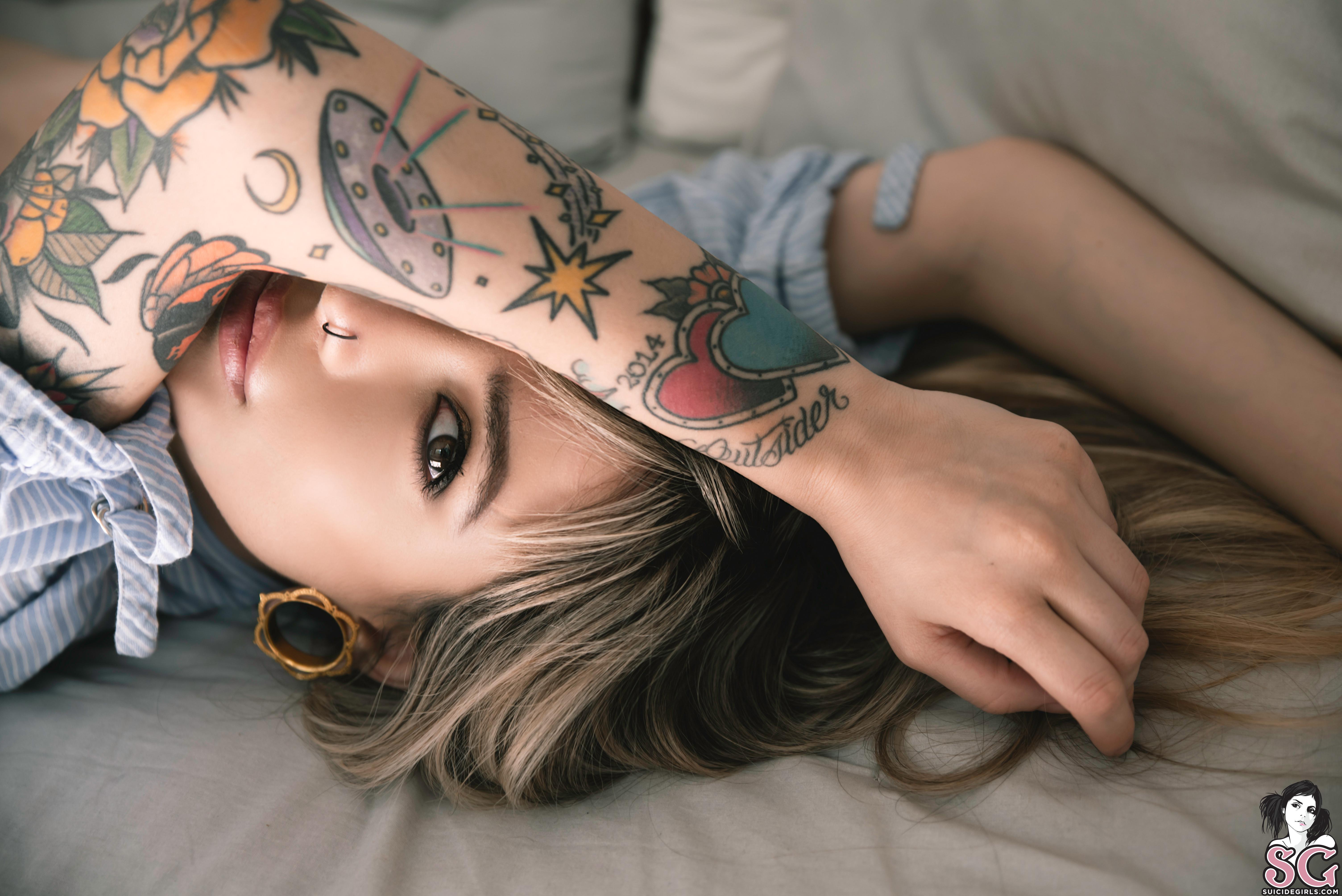 People 6016x4016 women model Suicide Girls Giuno Suicide inked girls tattoo women indoors looking at viewer pierced nose fake lips watermarked closeup