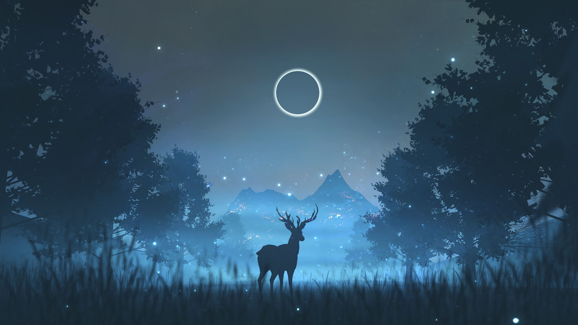 General 1920x1080 digital art forest sky deer moonlight animals eclipse  Moon