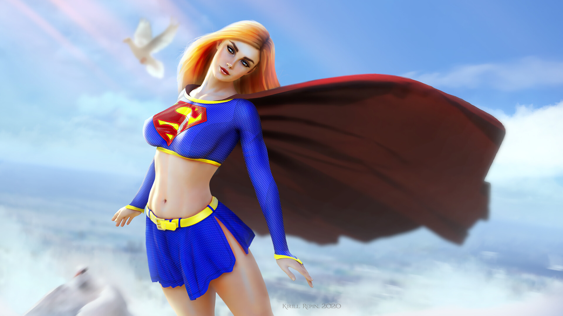 General 1920x1080 Supergirl fantasy girl fantasy art ArtStation cape blonde artwork DC Comics blue eyes blue skirt clouds