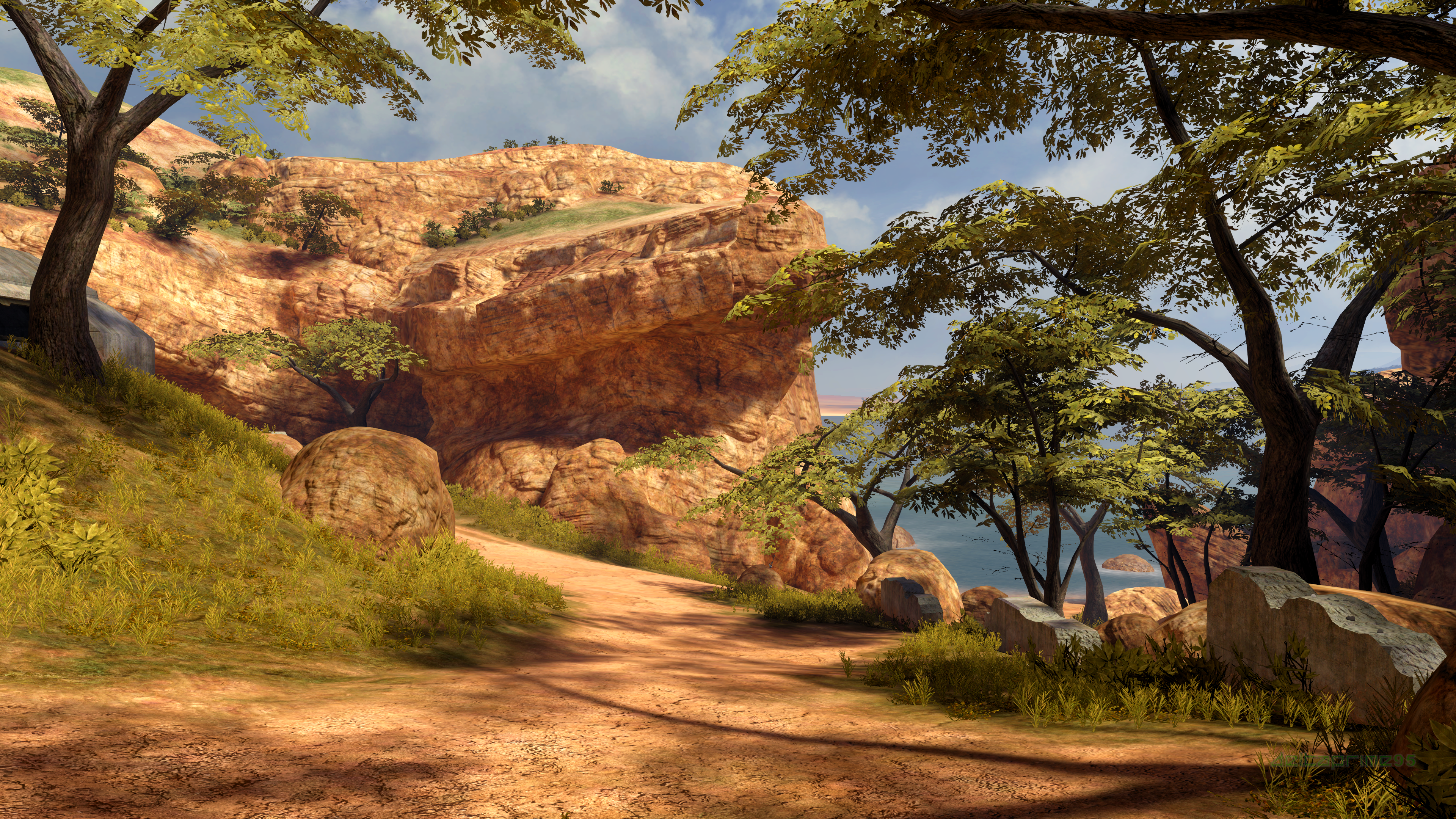General 3840x2160 screen shot PC gaming Halo 3 High Ground (Multiplayer Map) Africa water ocean view trees
