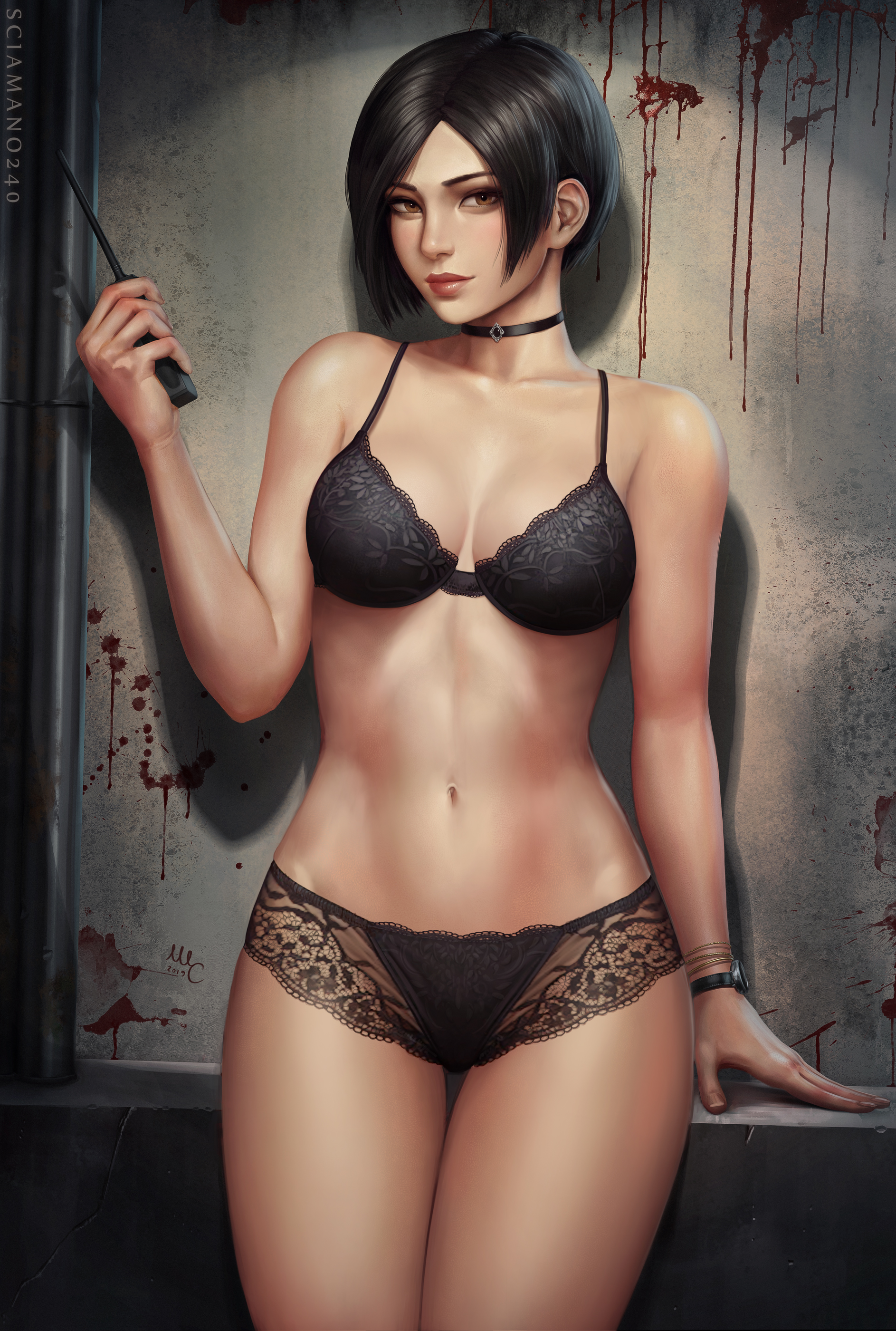 General 1886x2800 artwork illustration digital art fan art drawing video games video game girls video game characters Ada Wong Resident Evil lingerie belly short hair black hair looking at viewer choker the gap cleavage Mirco Cabbia