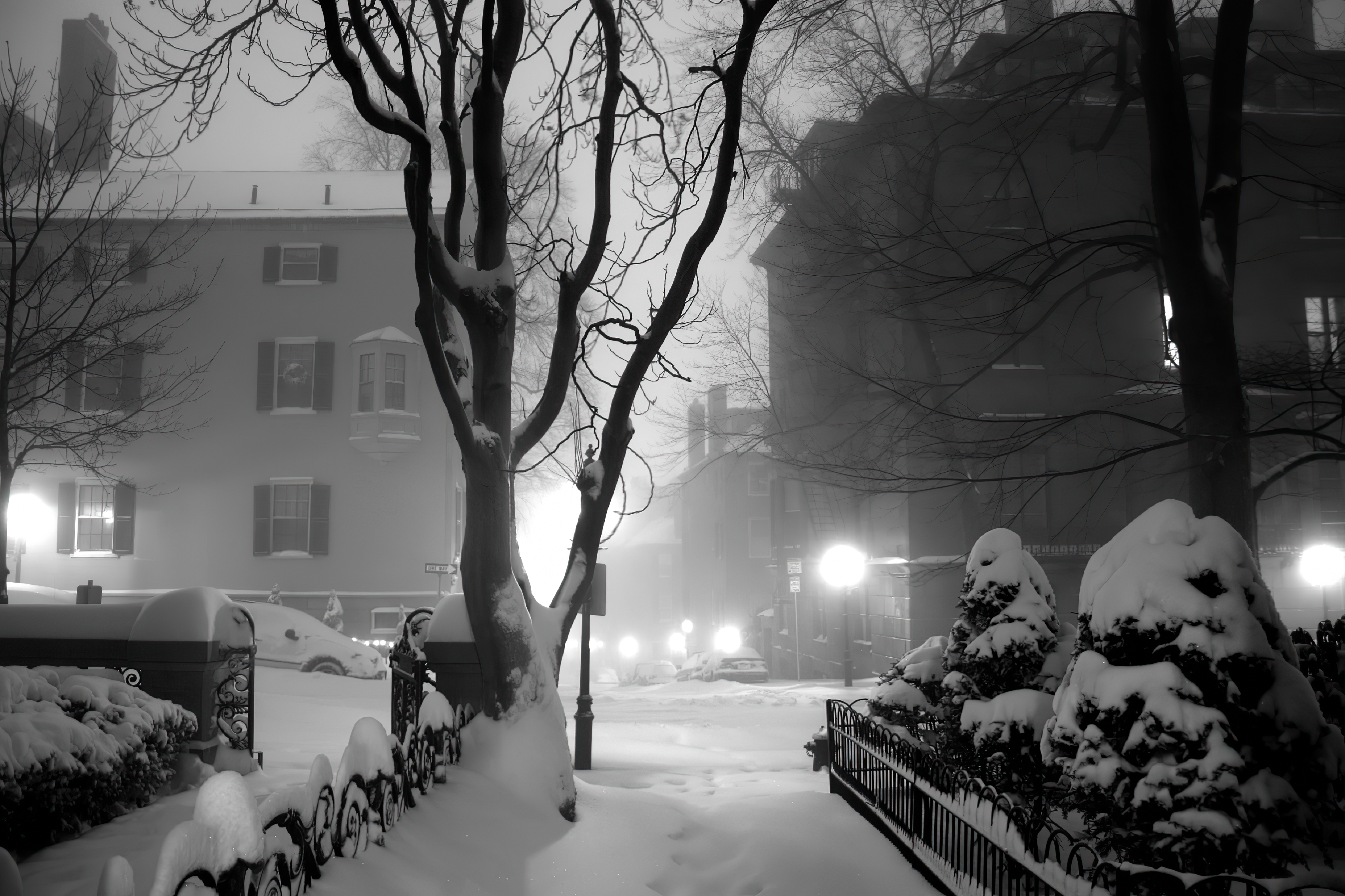 General 3396x2262 photography winter monochrome snow night car street light building mist urban city cityscape