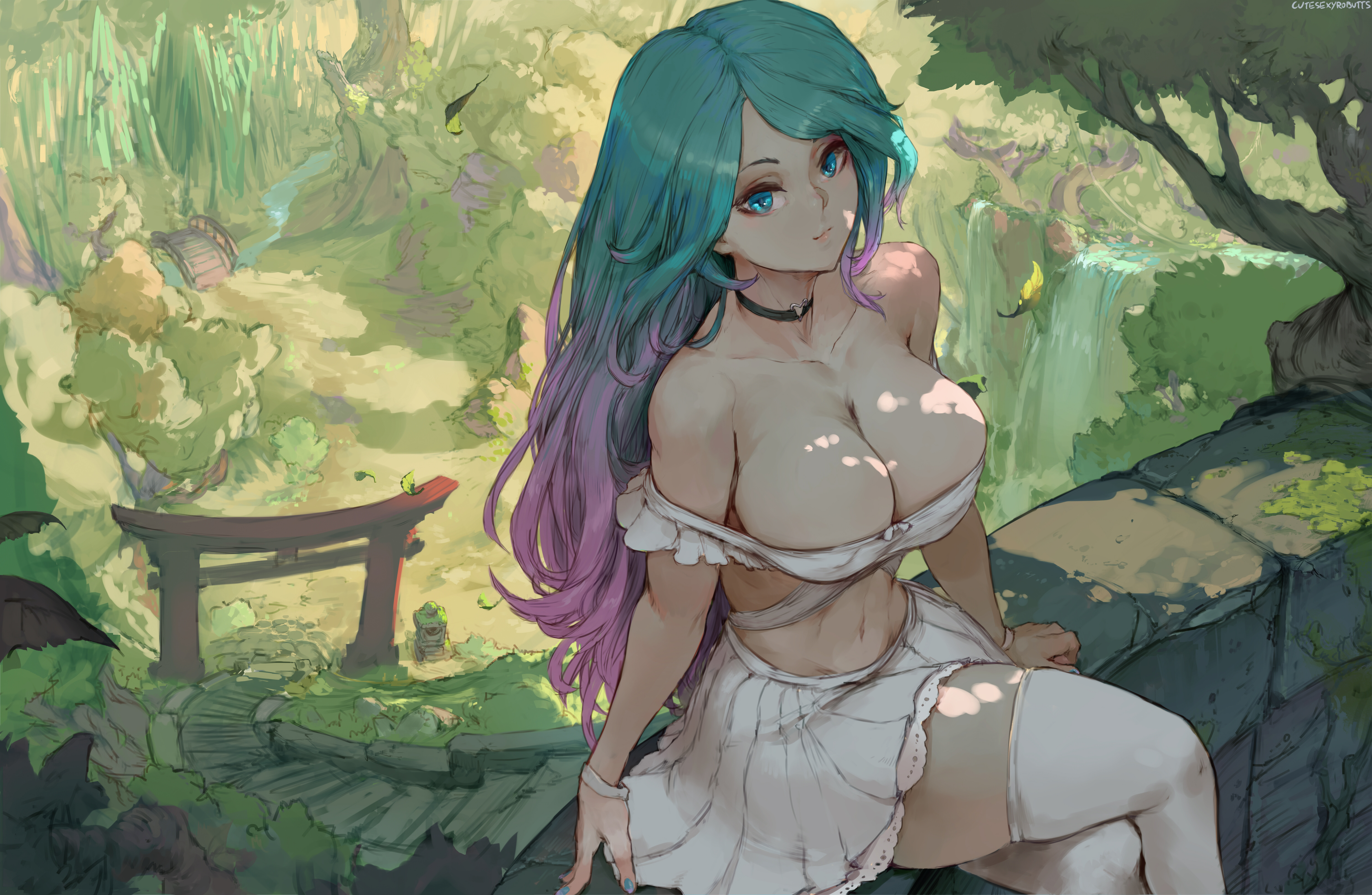 Anime 6000x3912 anime anime girls original characters blue eyes looking at viewer smiling choker bare shoulders cleavage white tops belly collarbone miniskirt thigh-highs legs crossed sitting torii stairs portrait thick thigh 2D artwork drawing digital art illustration Cutesexyrobutts long hair multi-colored hair gradient hair Silvervale Virtual Youtuber