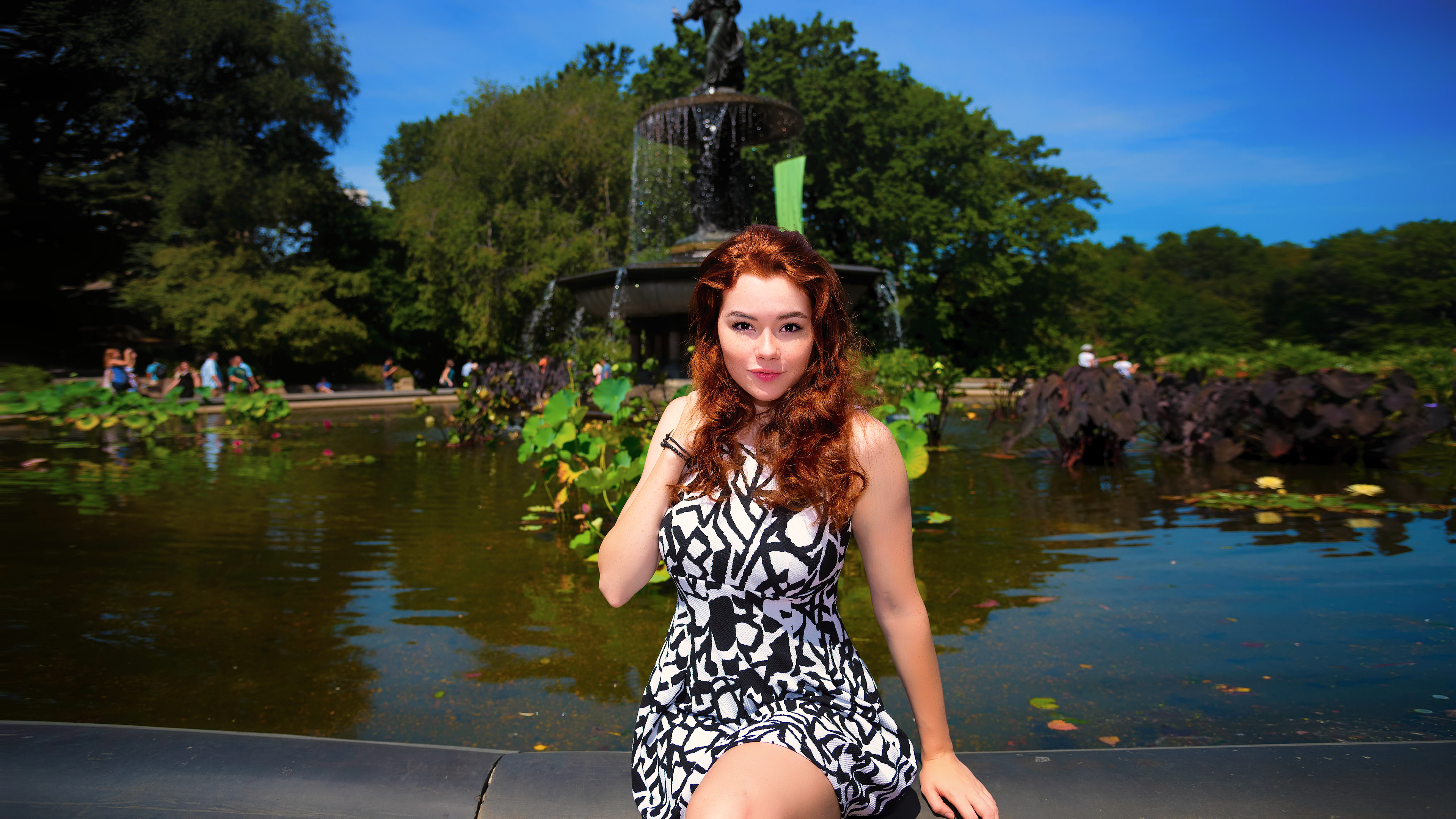 People 3840x2160 model photography women long hair face portrait closeup redhead women outdoors fountain Sabrina Lynn