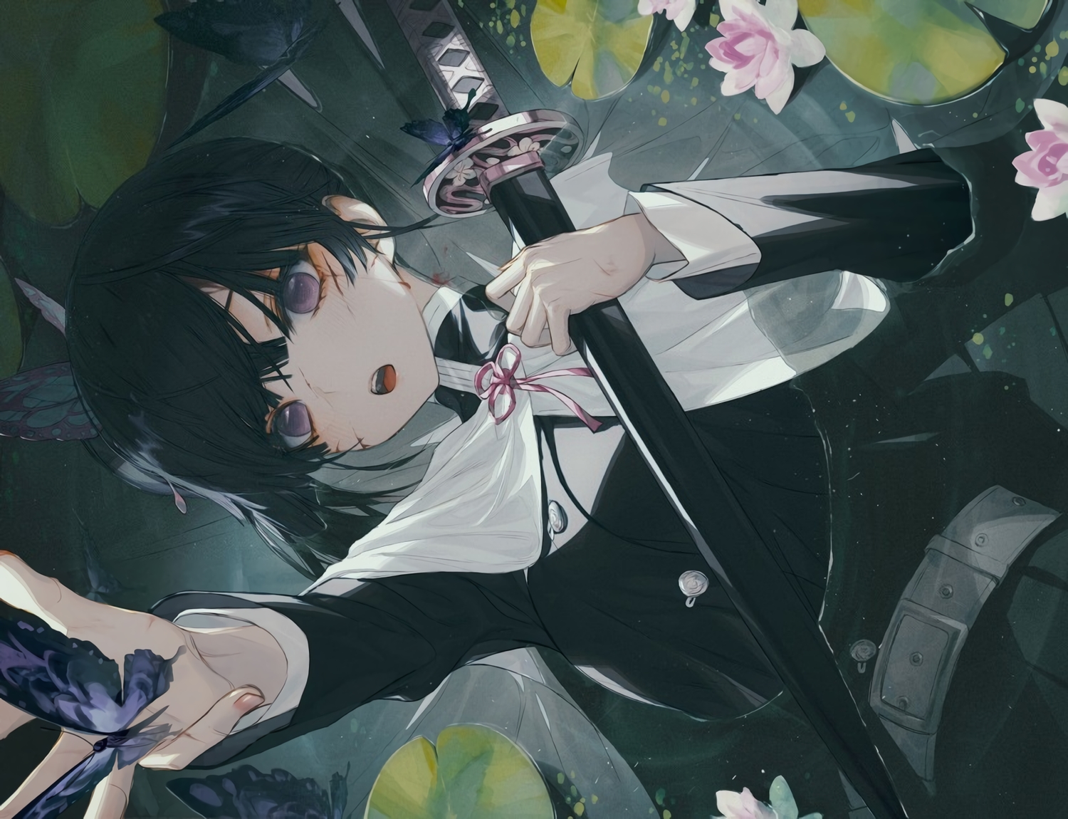 Anime 1500x1150 Kimetsu no Yaiba Kanao Tsuyuri black hair purple eyes katana water cape uniform flowers short hair sword