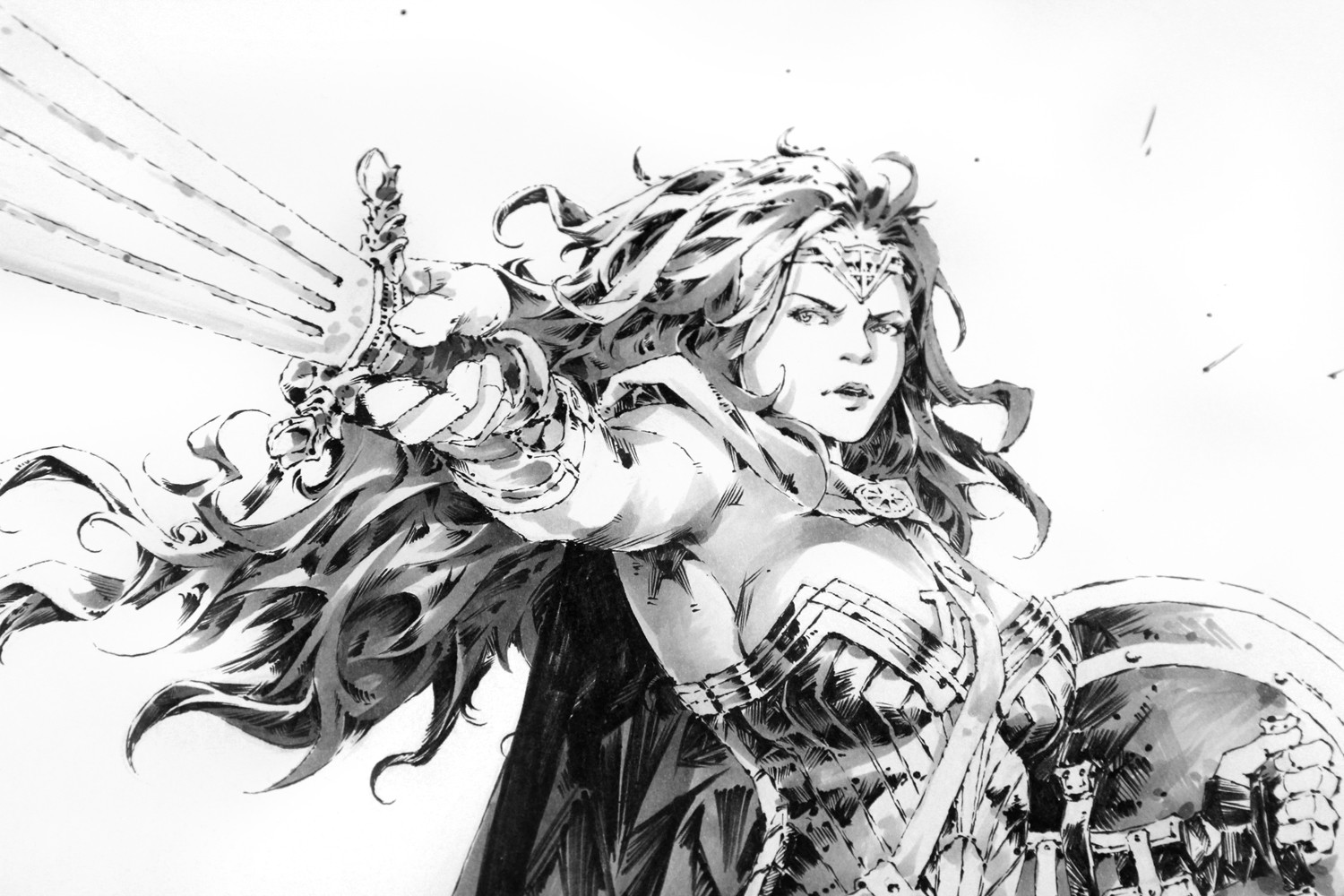 General 1500x1000 Kael Ngu artwork concept art simple background Wonder Woman drawing figure-hugging armor