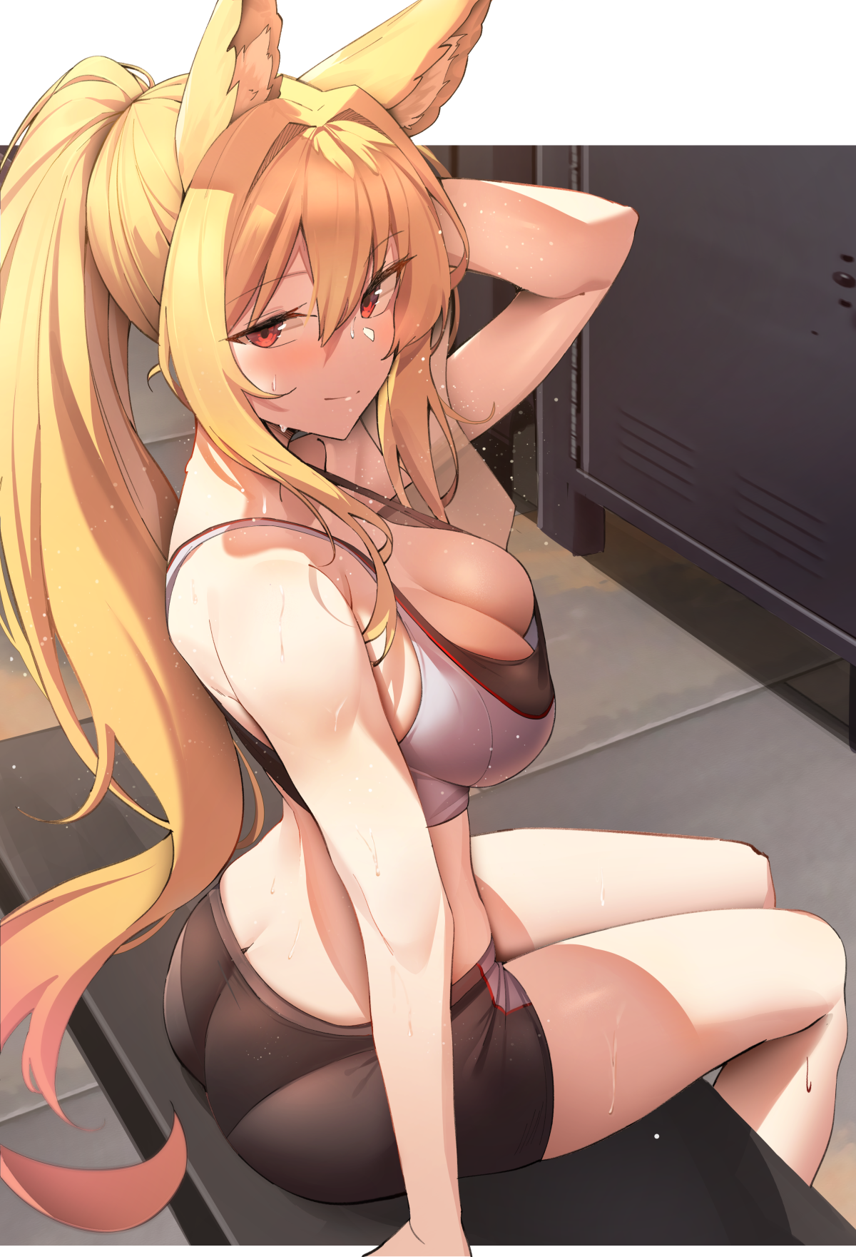 Anime 1200x1761 anime anime girls digital art artwork 2D portrait display cleavage animal ears blonde ponytail red eyes gym clothes sweat K pring Dungeon and Fighter sitting
