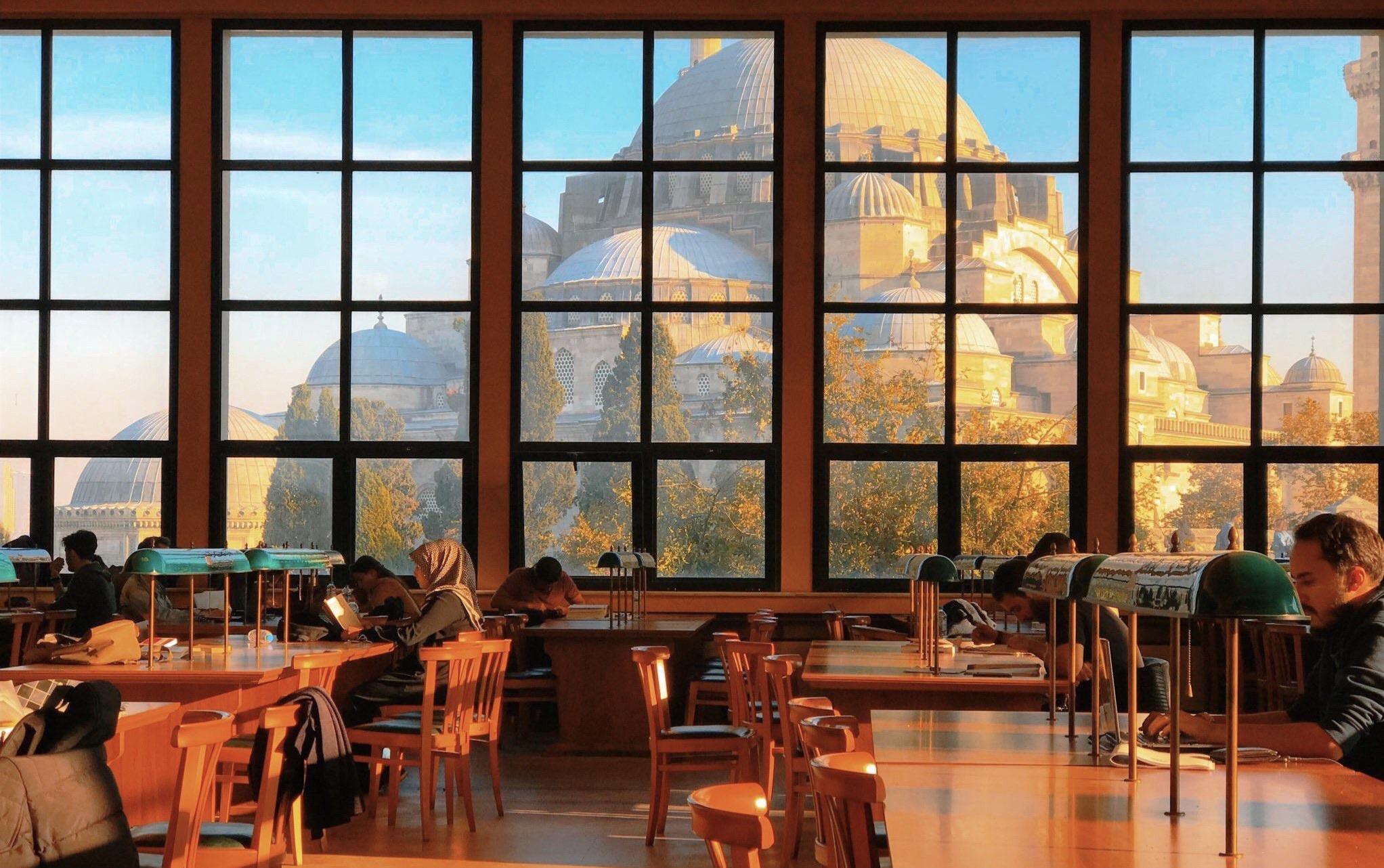People 2044x1282 Istanbul Turkey library university people students mosque chair table lamp window Süleymaniye Mosque studying trees