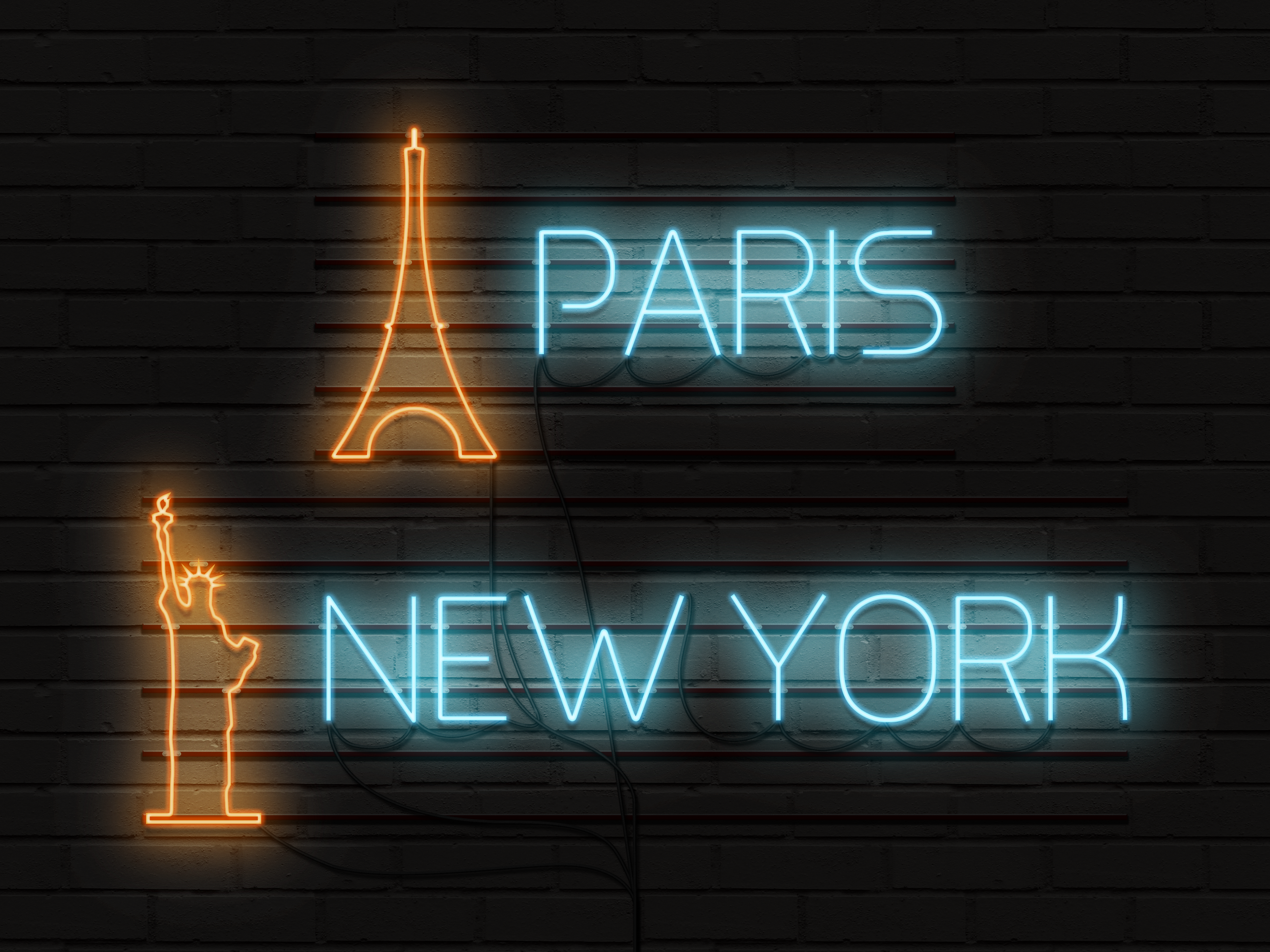 General 4000x3000 neon sign wall lights New York City Paris Eiffel Tower Statue of Liberty bricks digital art