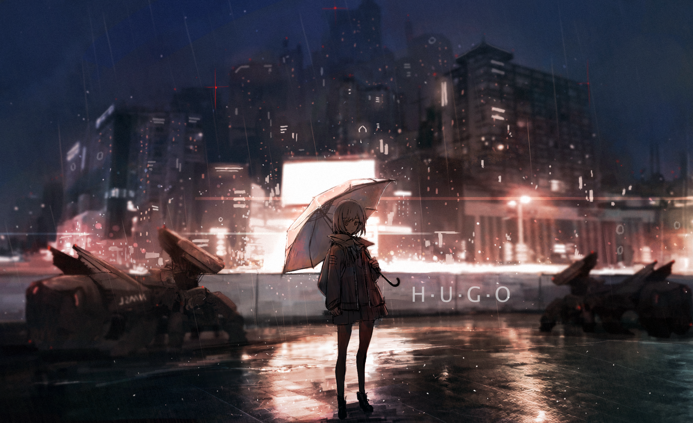Anime 2408x1470 rain axleaki anime girls umbrella robot night