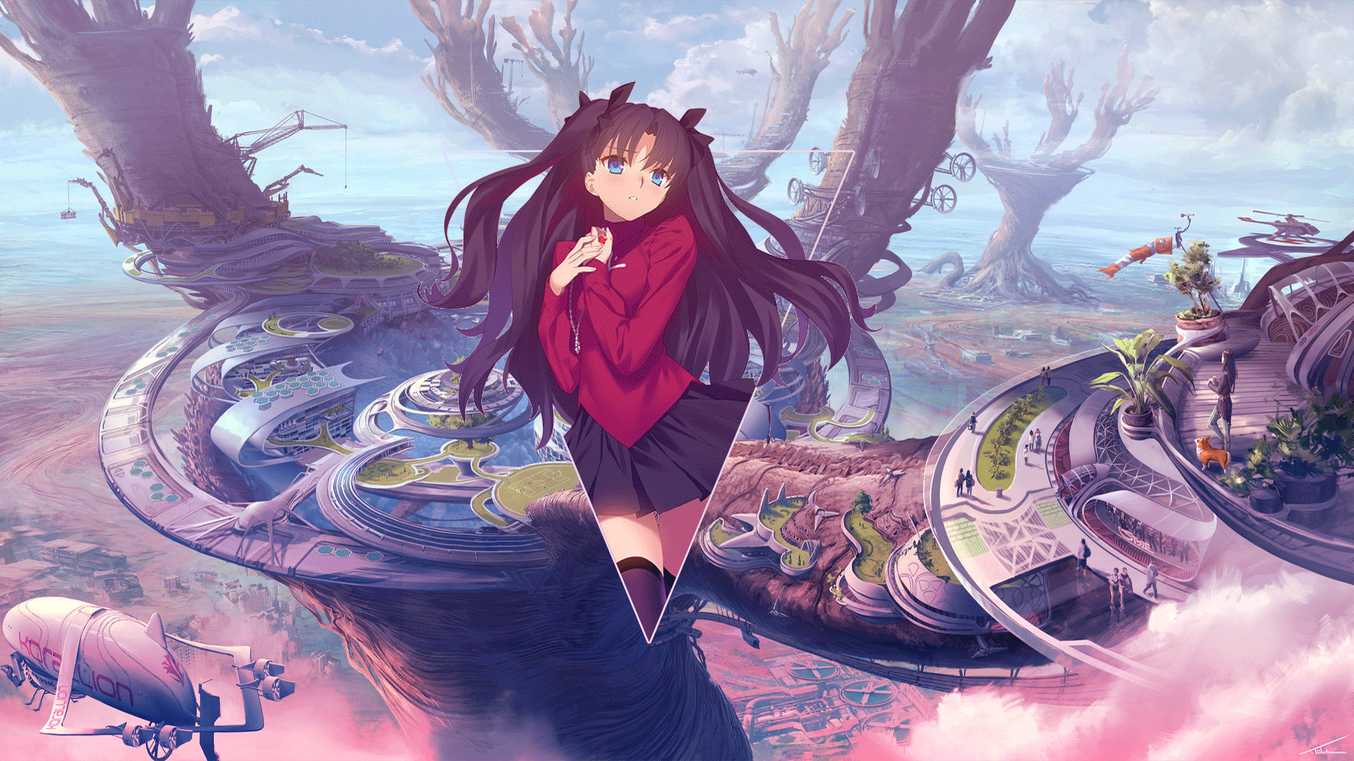 Anime 1920x1080 anime anime girls Tohsaka Rin Fate/Stay Night city digital art picture-in-picture Fate series Fate/Stay Night: Unlimited Blade Works