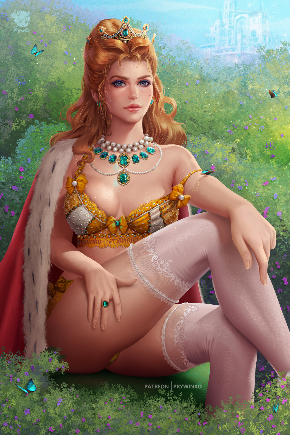 General 1000x1500 Prywinko drawing The Witcher women Anna Henrietta redhead long hair crown blue eyes makeup jewelry necklace gems beads cape bra lingerie panties thigh-highs stockings garden butterfly rings ribbon legs fantasy art fantasy girl sitting looking at viewer boobs