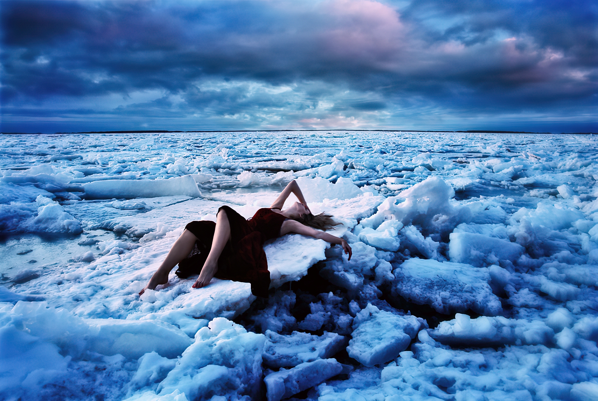 People 2048x1374 women ice cold winter sea frozen water sky clouds red dress photography Leah Johnston lying down