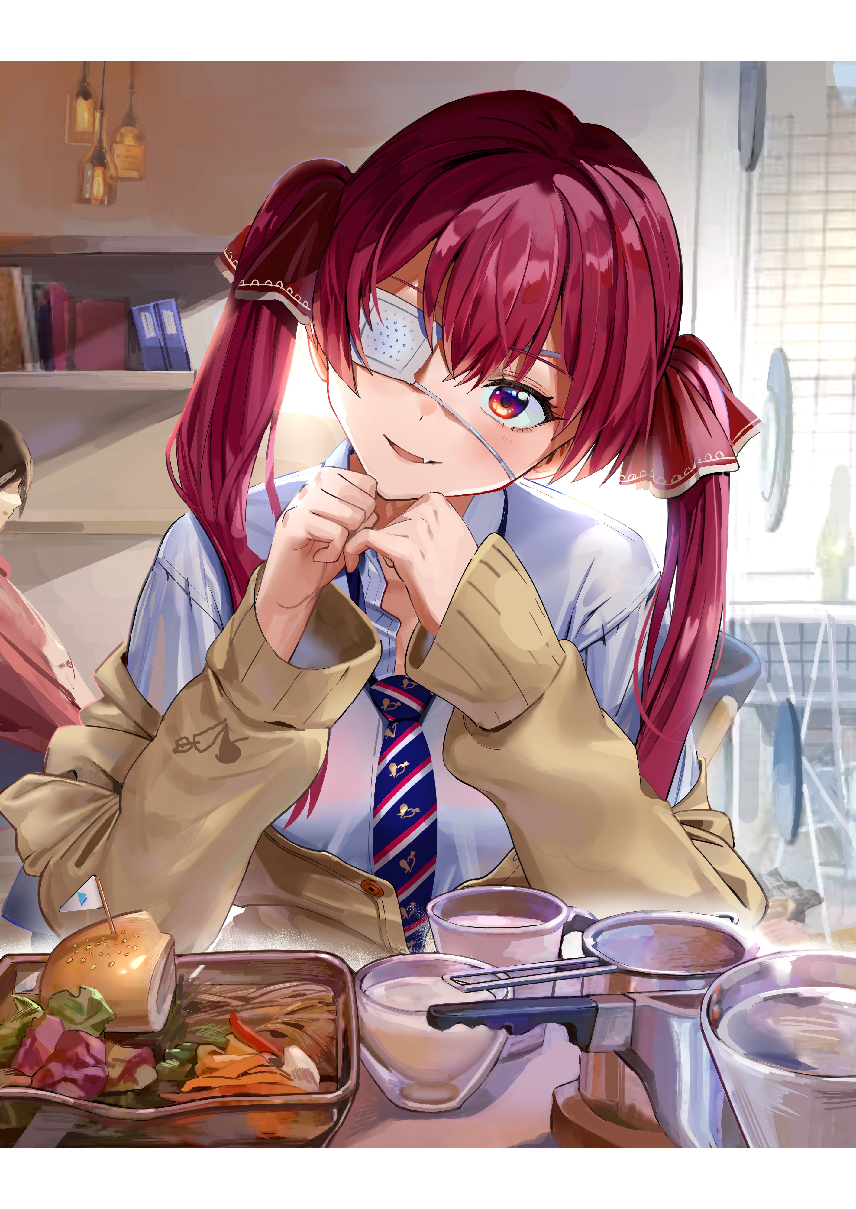Anime 2833x4000 anime anime girls Hololive Houshou Marine eyepatches twintails Virtual Youtuber Misom150 redhead food portrait display red eyes looking at viewer