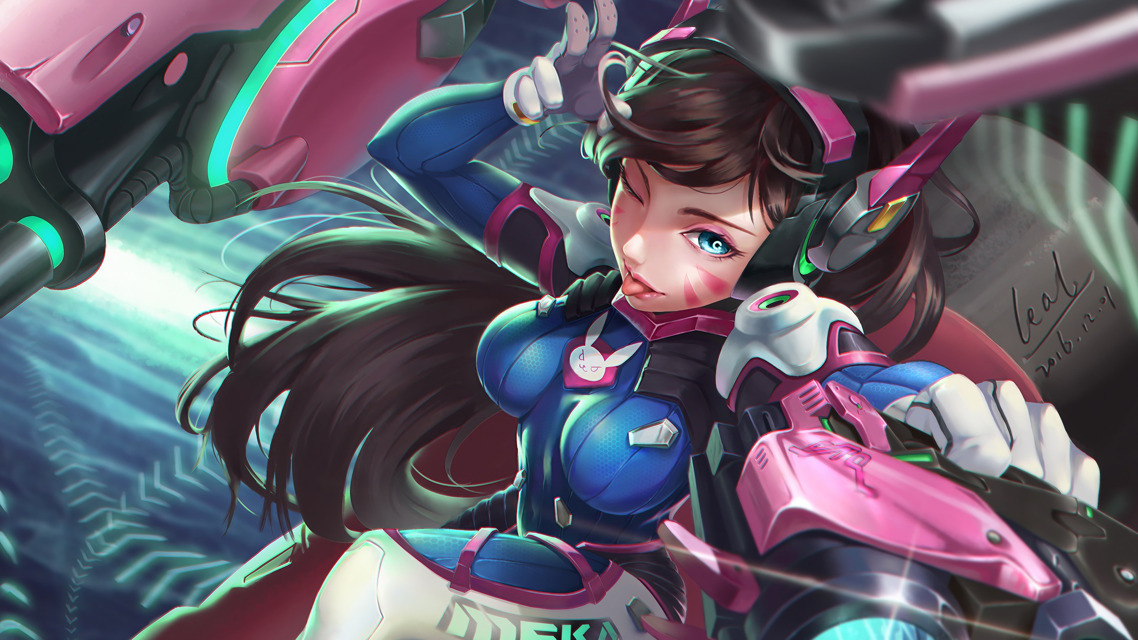 General 3840x2160 D.Va (Overwatch) Overwatch anime girls anime tongue out long hair looking at viewer blue eyes weapon hair blowing in the wind