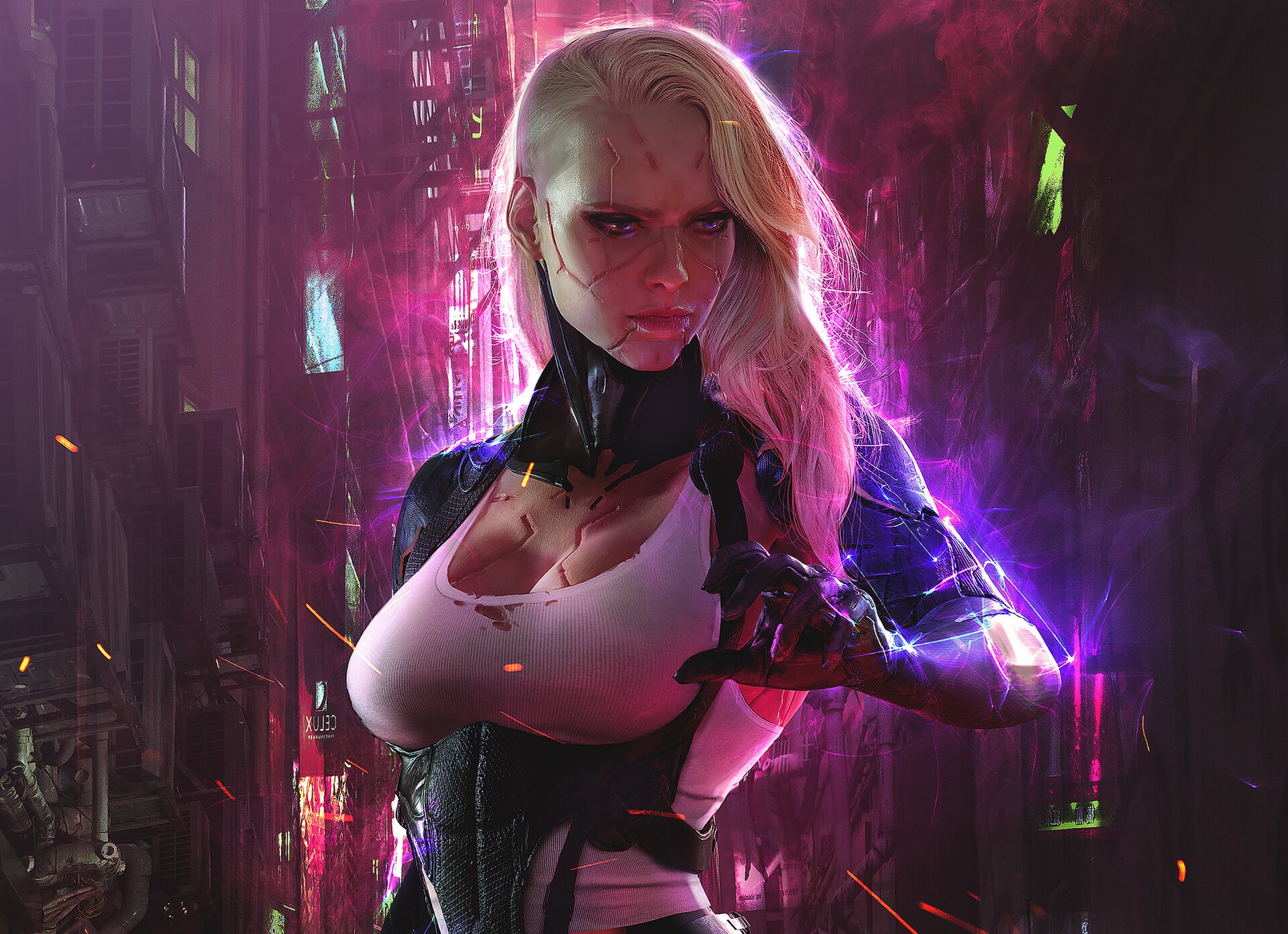 General 1920x1392 cyborg cyberpunk science fiction futuristic women blonde purple eyes fantasy art fantasy girl artwork digital art Soufiane Idrassi