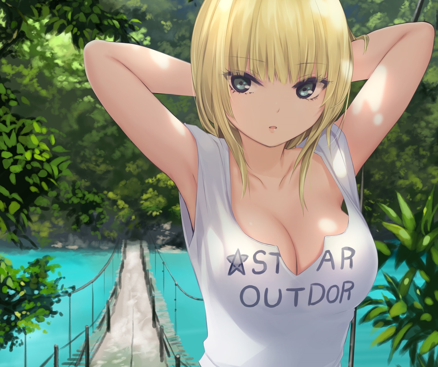 Anime 1516x1270 blonde big boobs cleavage no bra water short hair shade green eyes forest anime