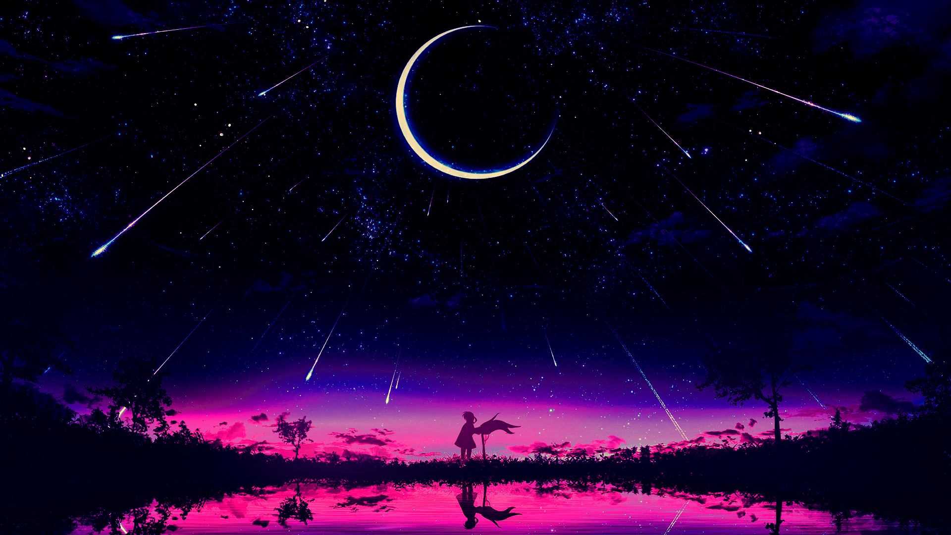 General 1920x1080 sunset moon phases night purple background shooting stars dark stars alone nature