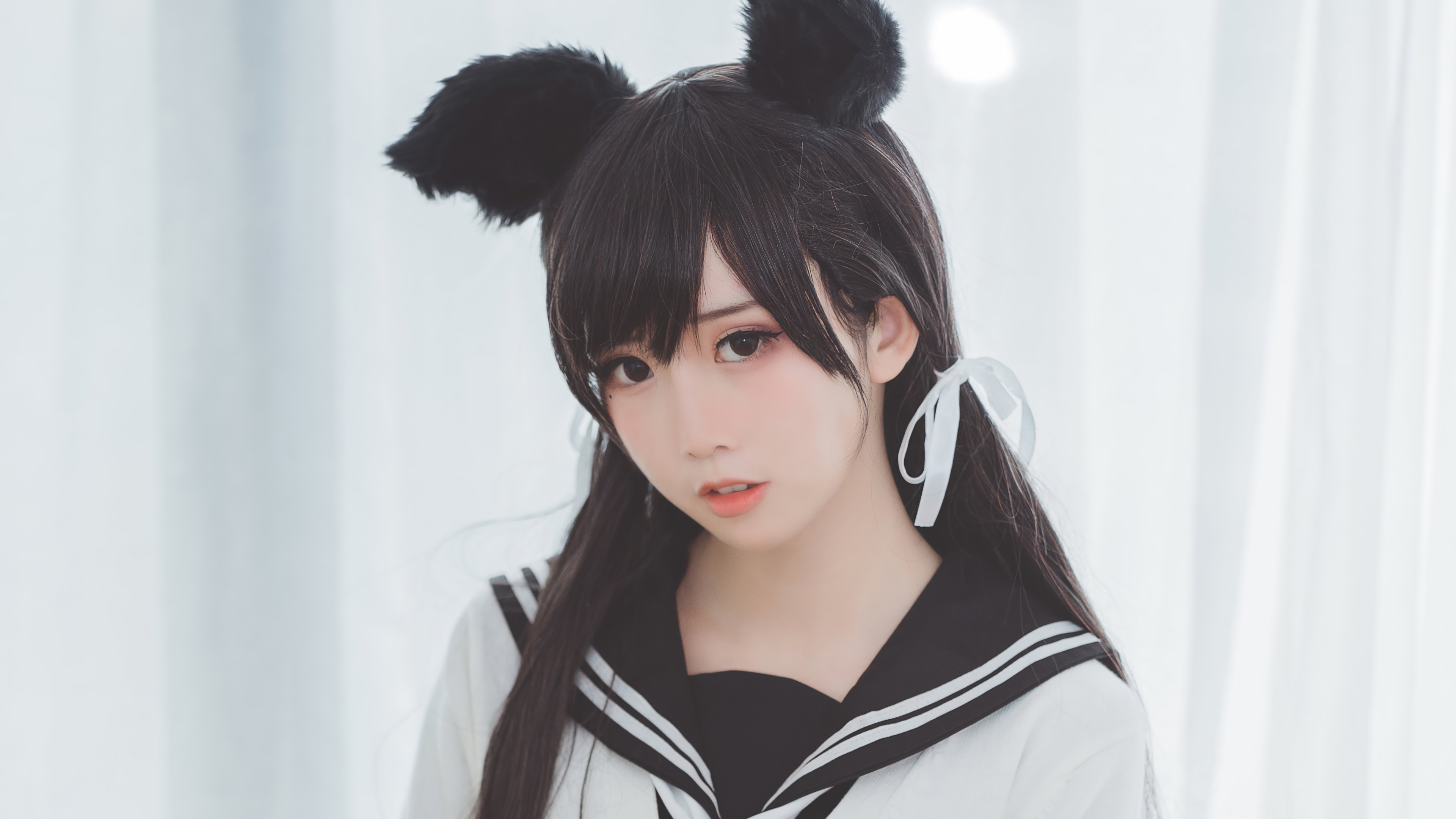 People 3840x2160 Asian model women long hair brunette depth of field twintails sailor uniform cat ears