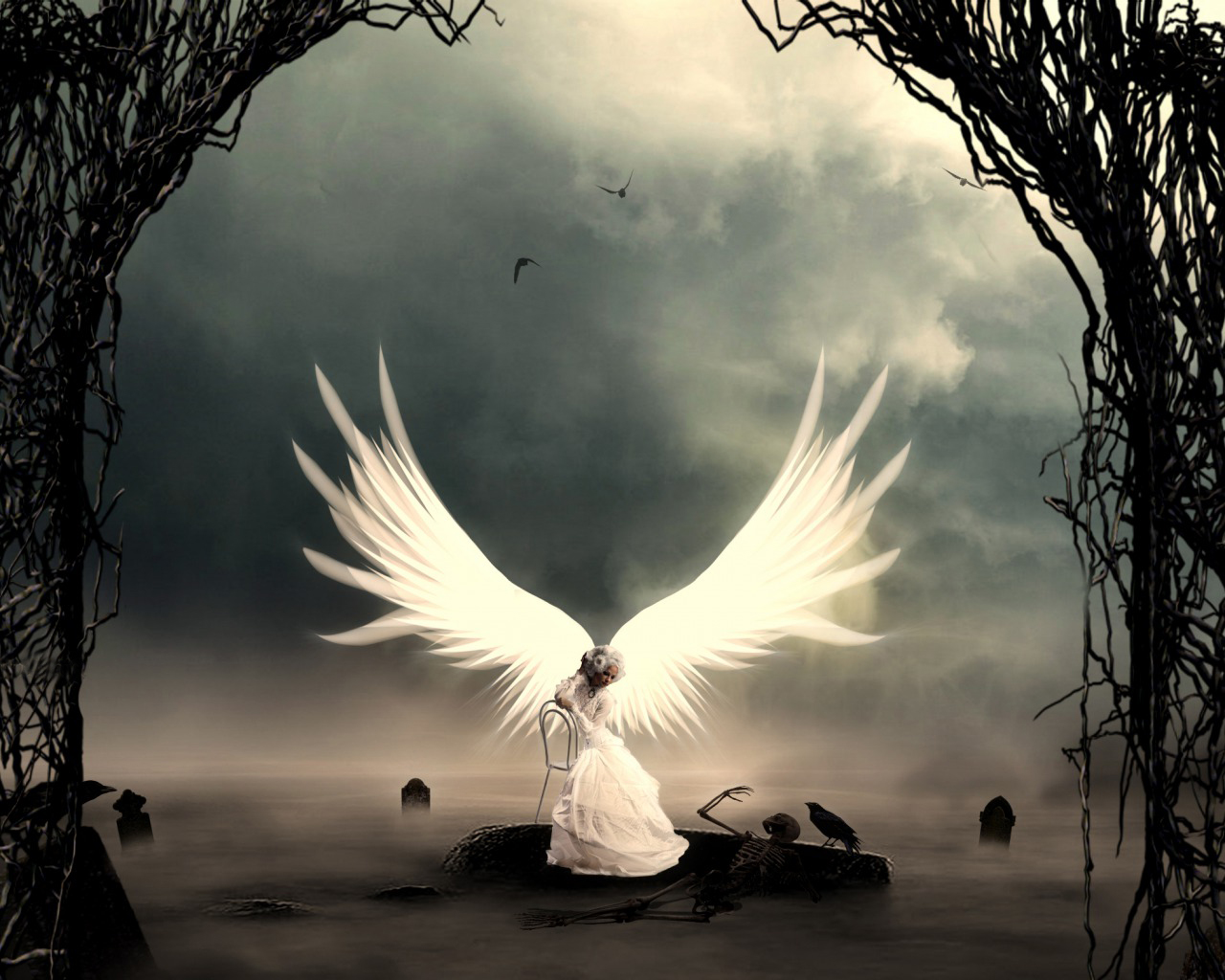 General 1280x1024 angel skeleton crow wings women mist clouds sky graveyards Nikos23a