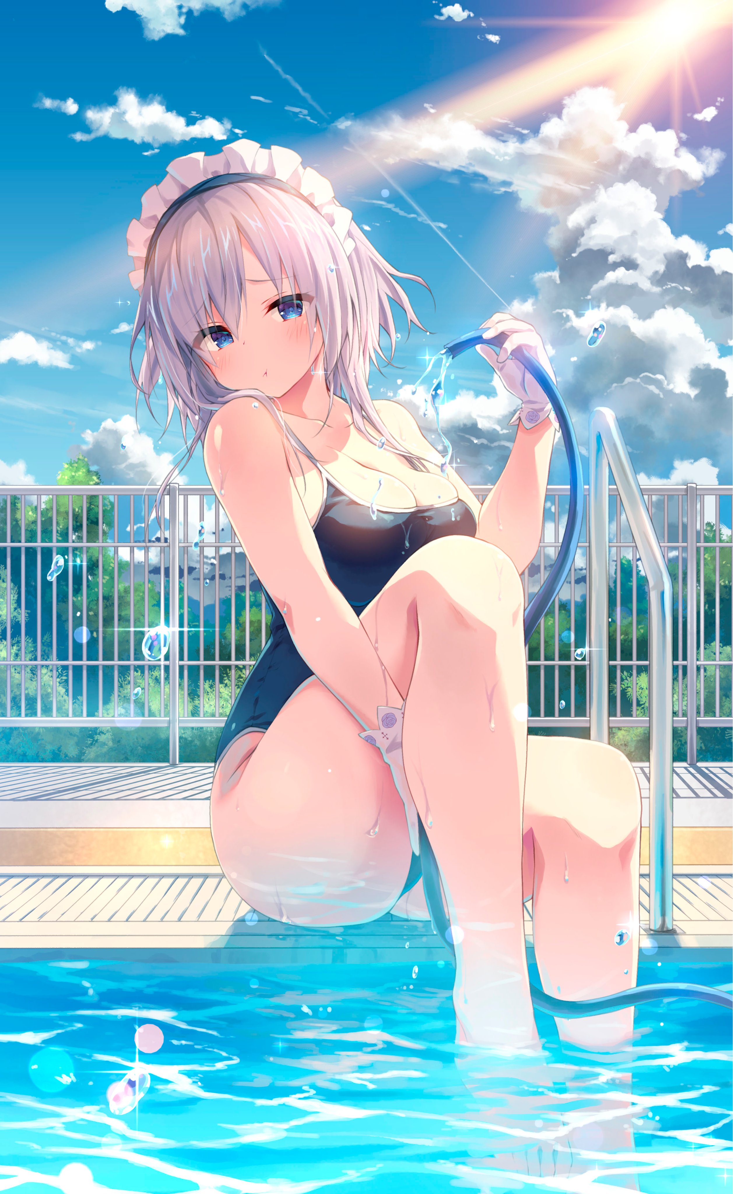 Anime 2515x4096 anime anime girls wet swimming pool swimwear maid Konomi pouting silver hair blue eyes school swimsuits