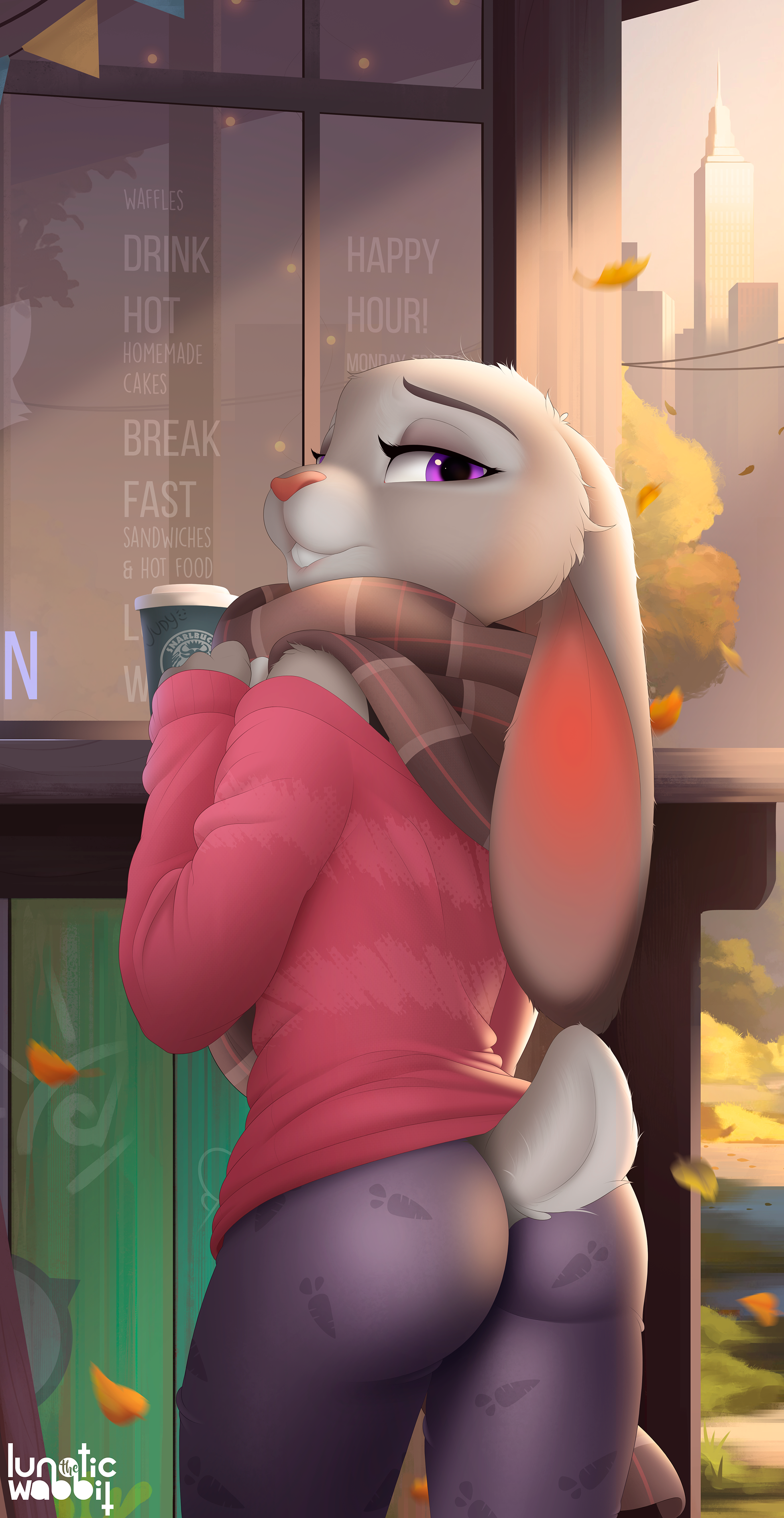 General 1953x3780 furry Zootopia Judy Hopps rabbits bunny tail bunny ears Lunatic Wabbit ass leggings looking back looking at viewer standing portrait display sunlight leaves sweater scarf watermarked coffee Starbucks