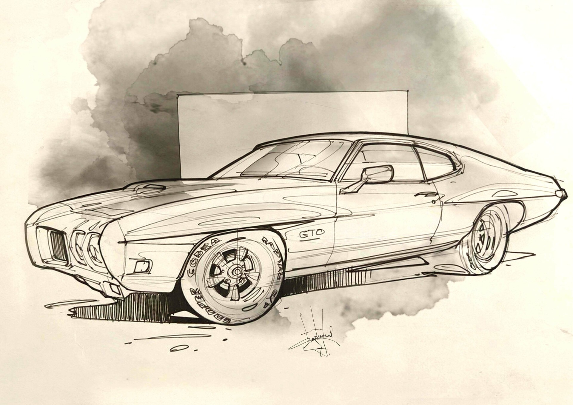 General 1920x1357 Aleksandr Sidelnikov car sports car sketches Pontiac GTO digital art simple background signature