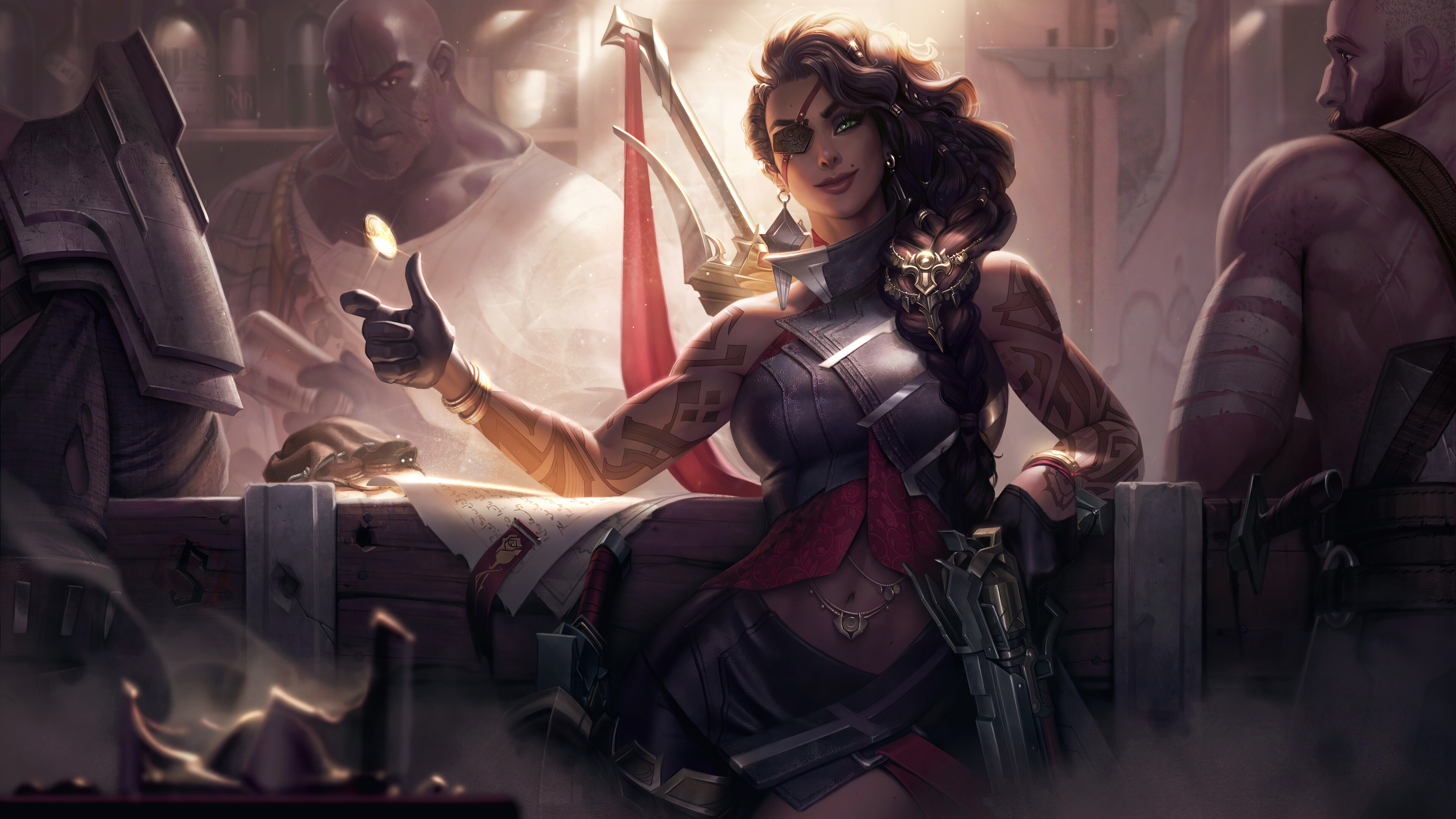 General 3840x2160 Samira (League of Legends) League of Legends Riot Games Adcarry ADC desert rose fantasy girl GZG digital art video games video game art smiling video game characters gun girls with guns coins gloves eyepatches tattoo