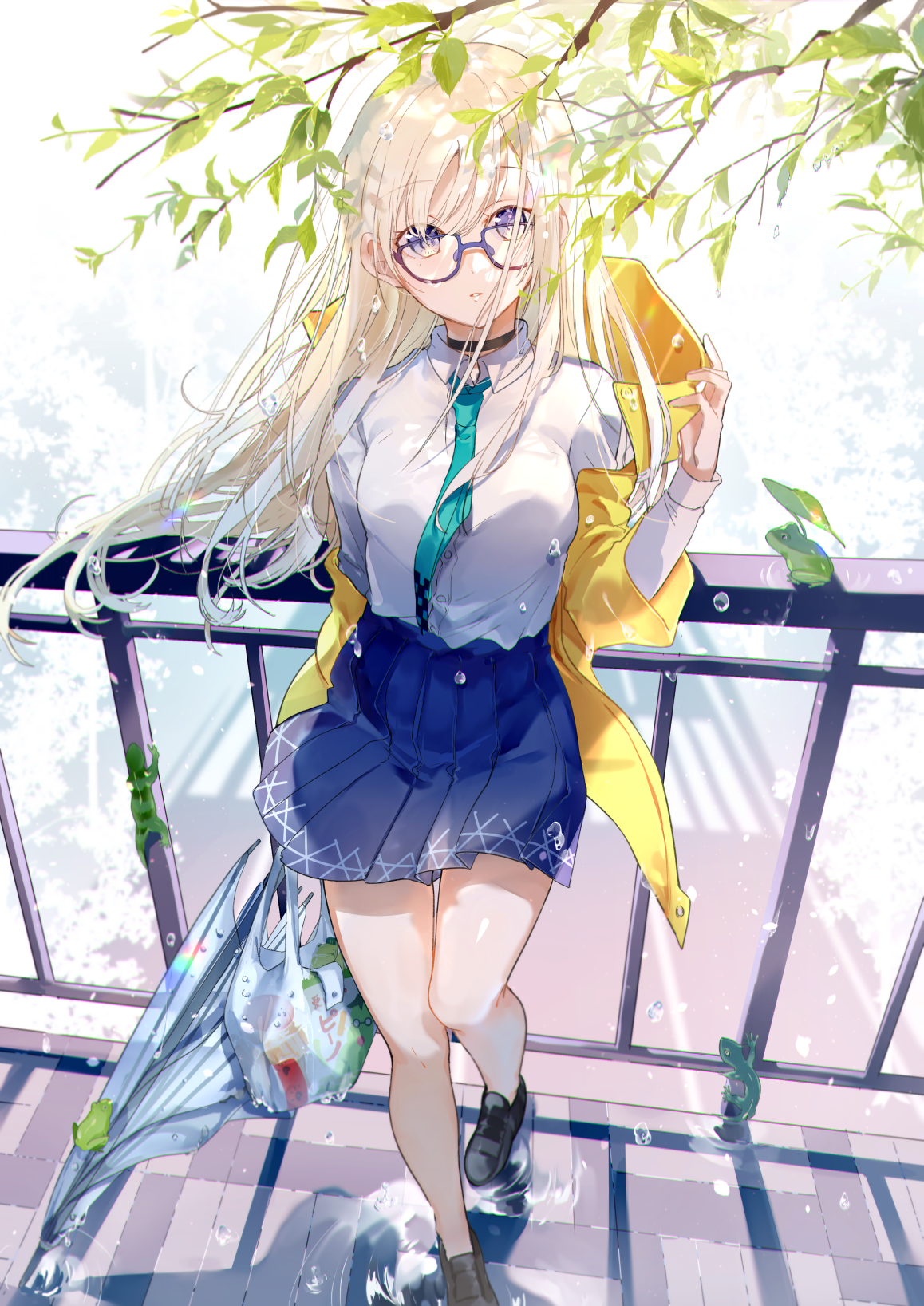 Anime 1158x1637 anime anime girls digital art artwork 2D portrait display miwano ragu blonde glasses school uniform raincoat umbrella